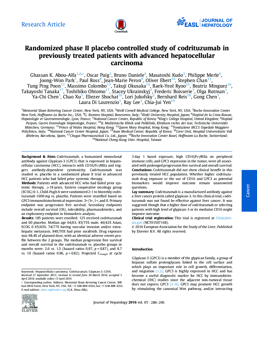 مطالعه تصادفی فاز II دارونما تحت کنترل از codrituzumab در بیماران مبتلا به کارسینوم پیشرفته کبدی که قبلا درمان شده اند