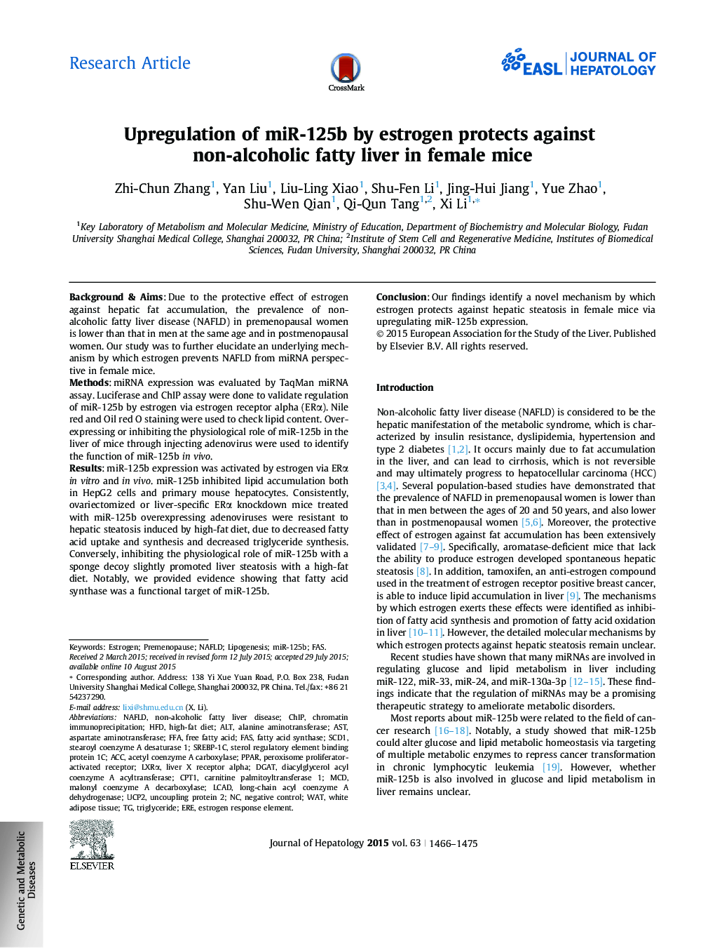 Upregulation of miR-125b by estrogen protects against non-alcoholic fatty liver in female mice