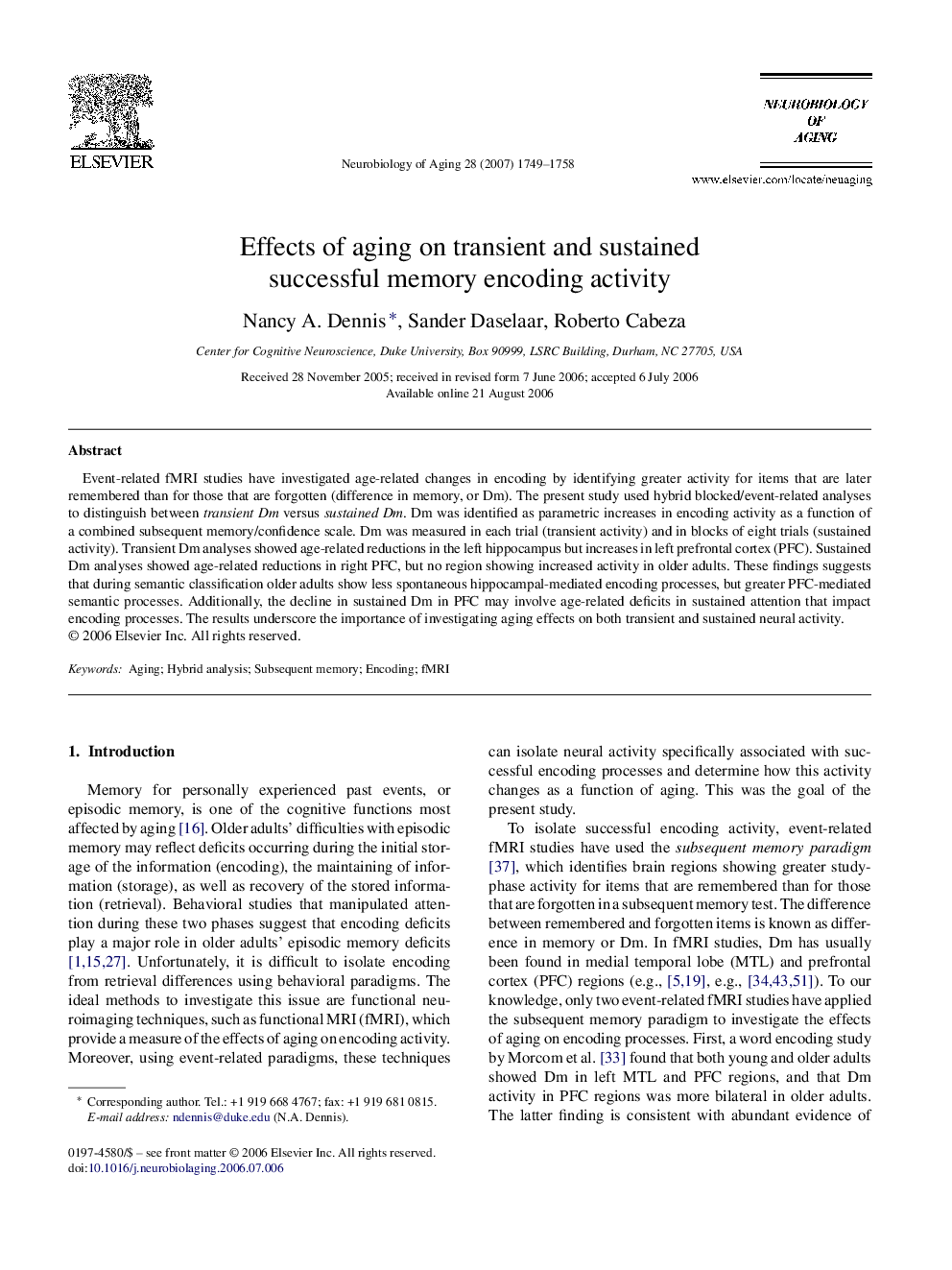 Effects of aging on transient and sustained successful memory encoding activity