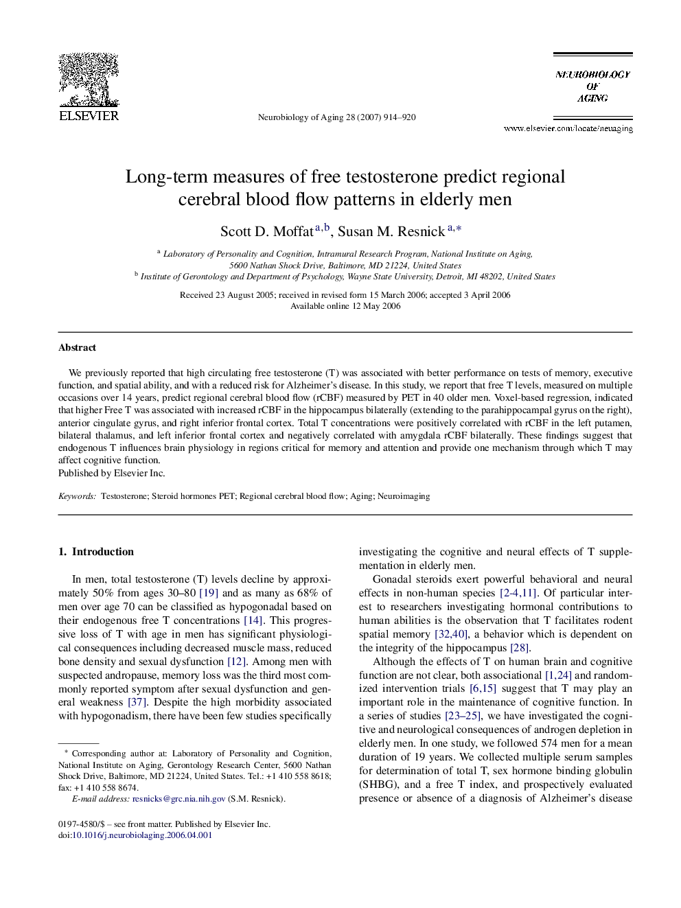 Long-term measures of free testosterone predict regional cerebral blood flow patterns in elderly men