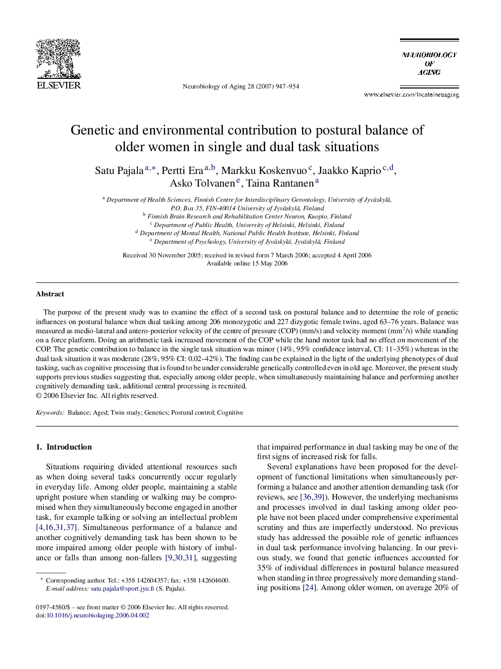 Genetic and environmental contribution to postural balance of older women in single and dual task situations