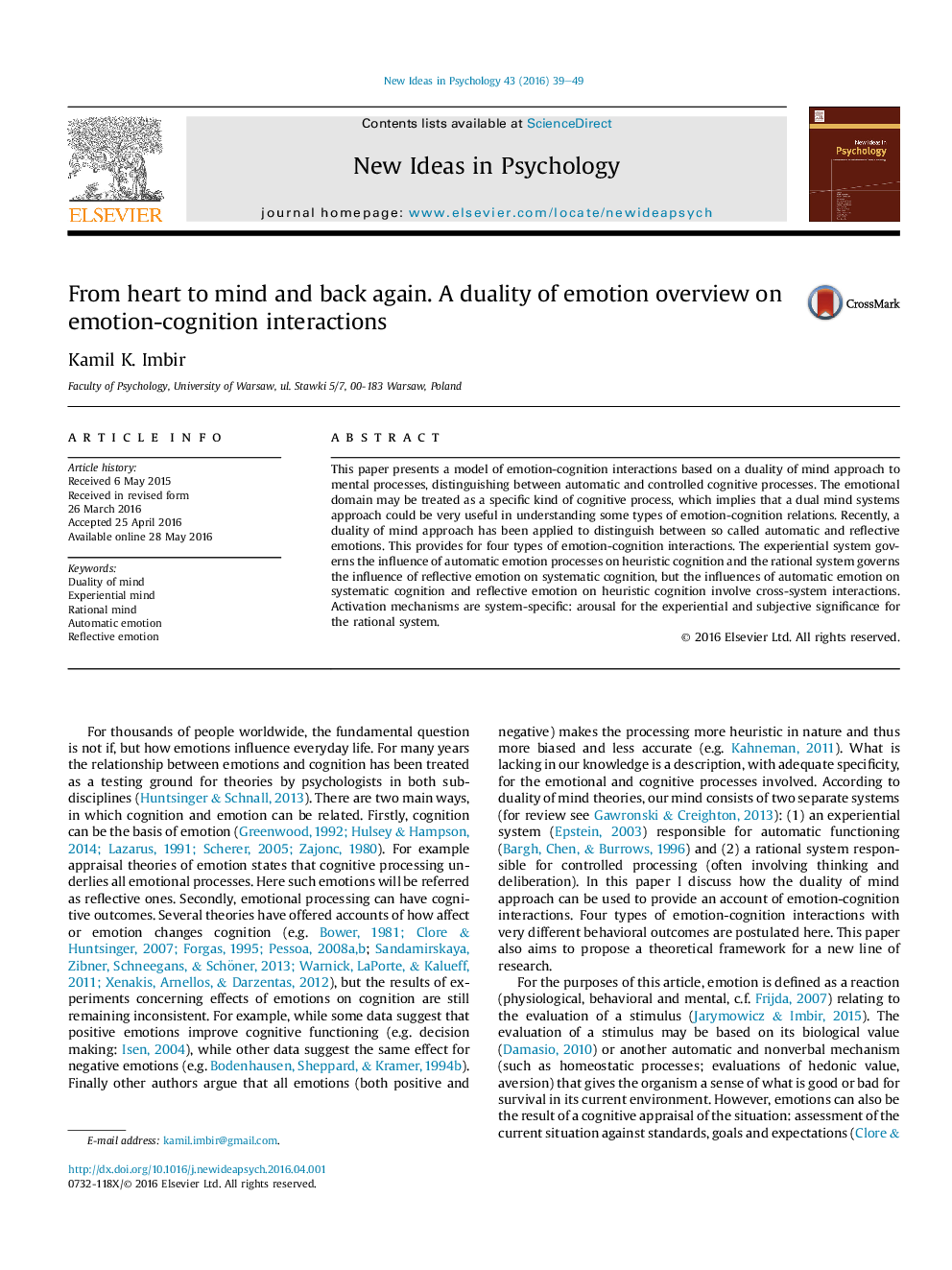 From heart to mind and back again. A duality of emotion overview on emotion-cognition interactions