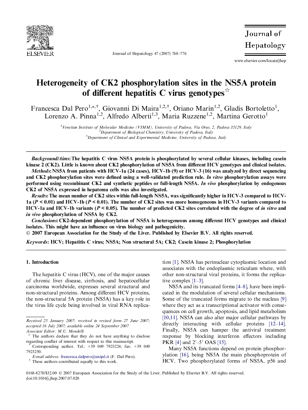 Heterogeneity of CK2 phosphorylation sites in the NS5A protein of different hepatitis C virus genotypes 