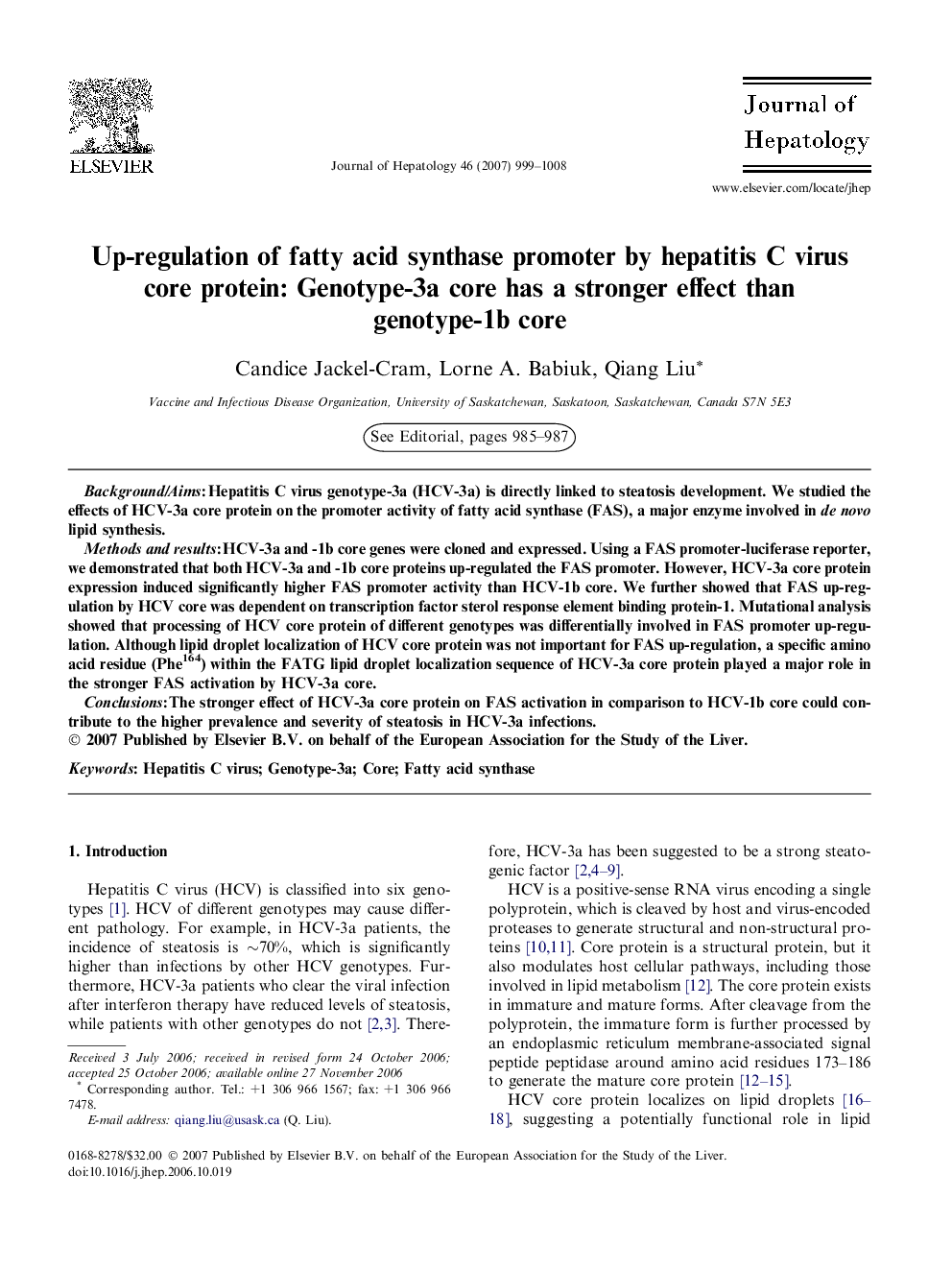 Up-regulation of fatty acid synthase promoter by hepatitis C virus core protein: Genotype-3a core has a stronger effect than genotype-1b core