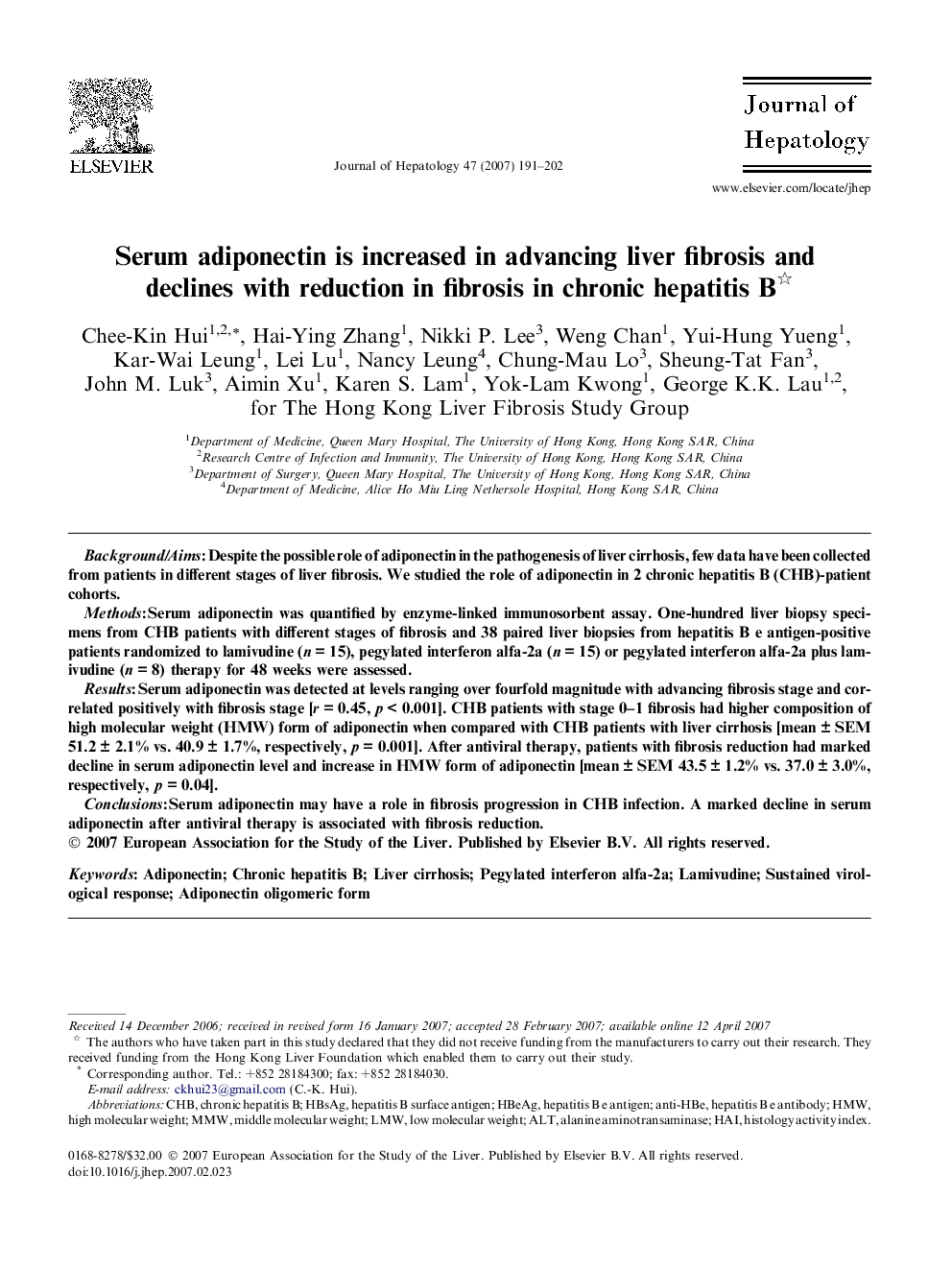 Serum adiponectin is increased in advancing liver fibrosis and declines with reduction in fibrosis in chronic hepatitis B 