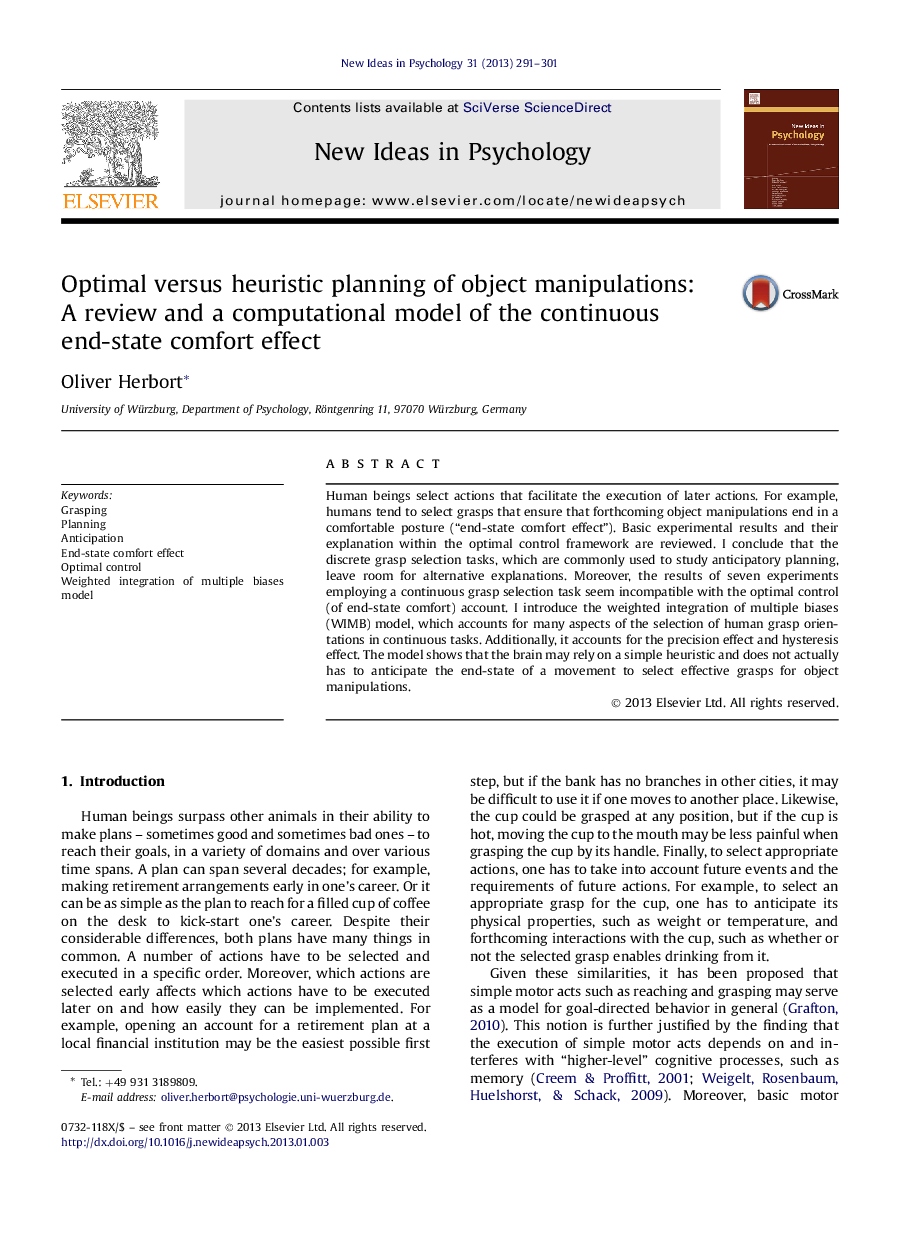 Optimal versus heuristic planning of object manipulations: A review and a computational model of the continuous end-state comfort effect