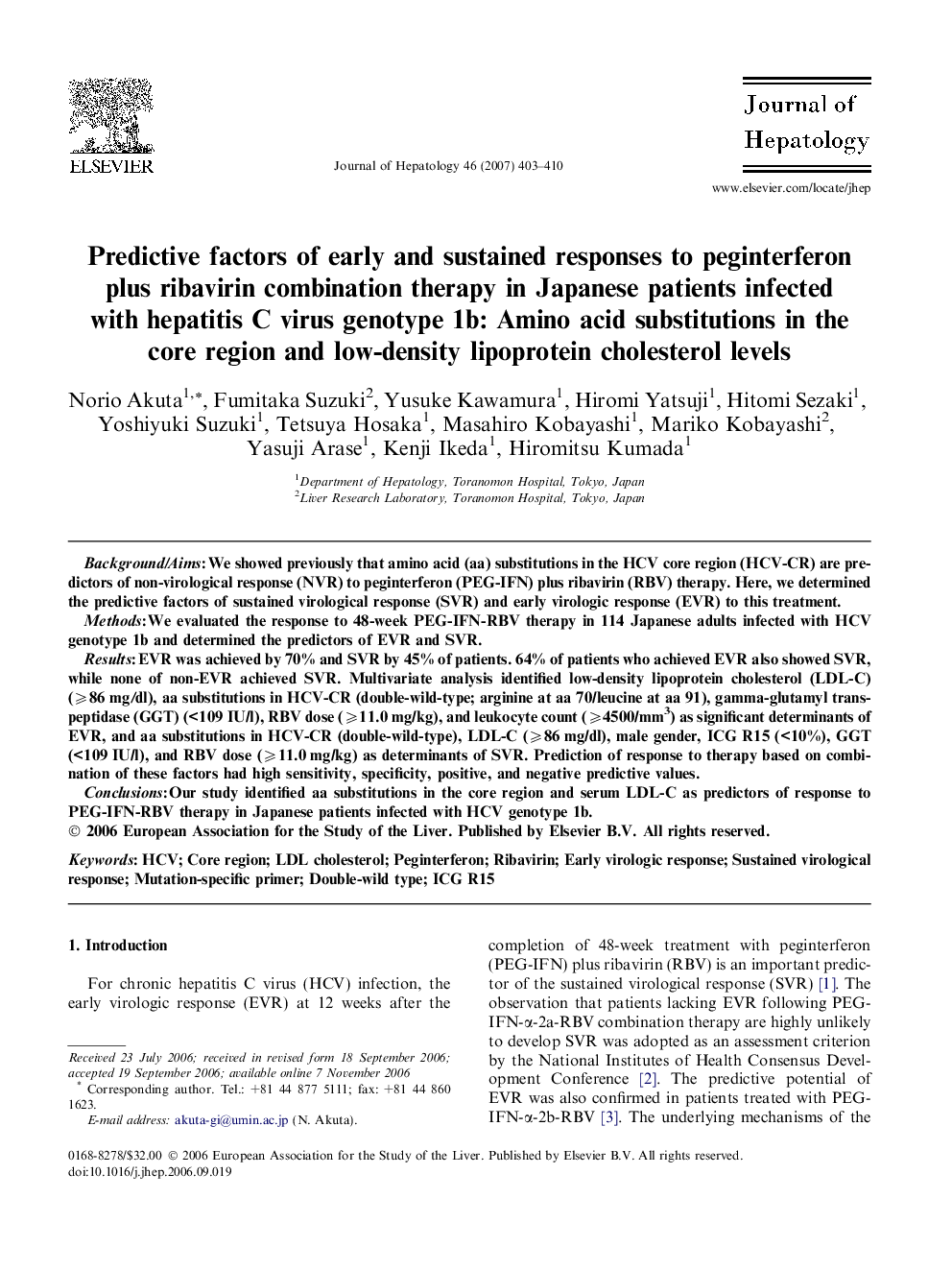 Predictive factors of early and sustained responses to peginterferon plus ribavirin combination therapy in Japanese patients infected with hepatitis C virus genotype 1b: Amino acid substitutions in the core region and low-density lipoprotein cholesterol l