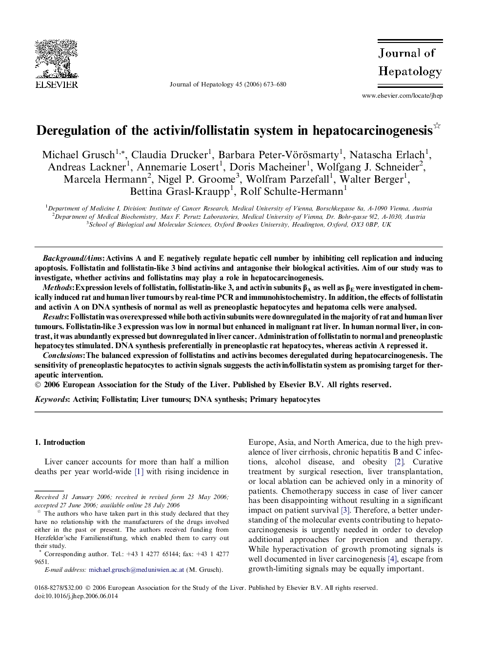 Deregulation of the activin/follistatin system in hepatocarcinogenesis 