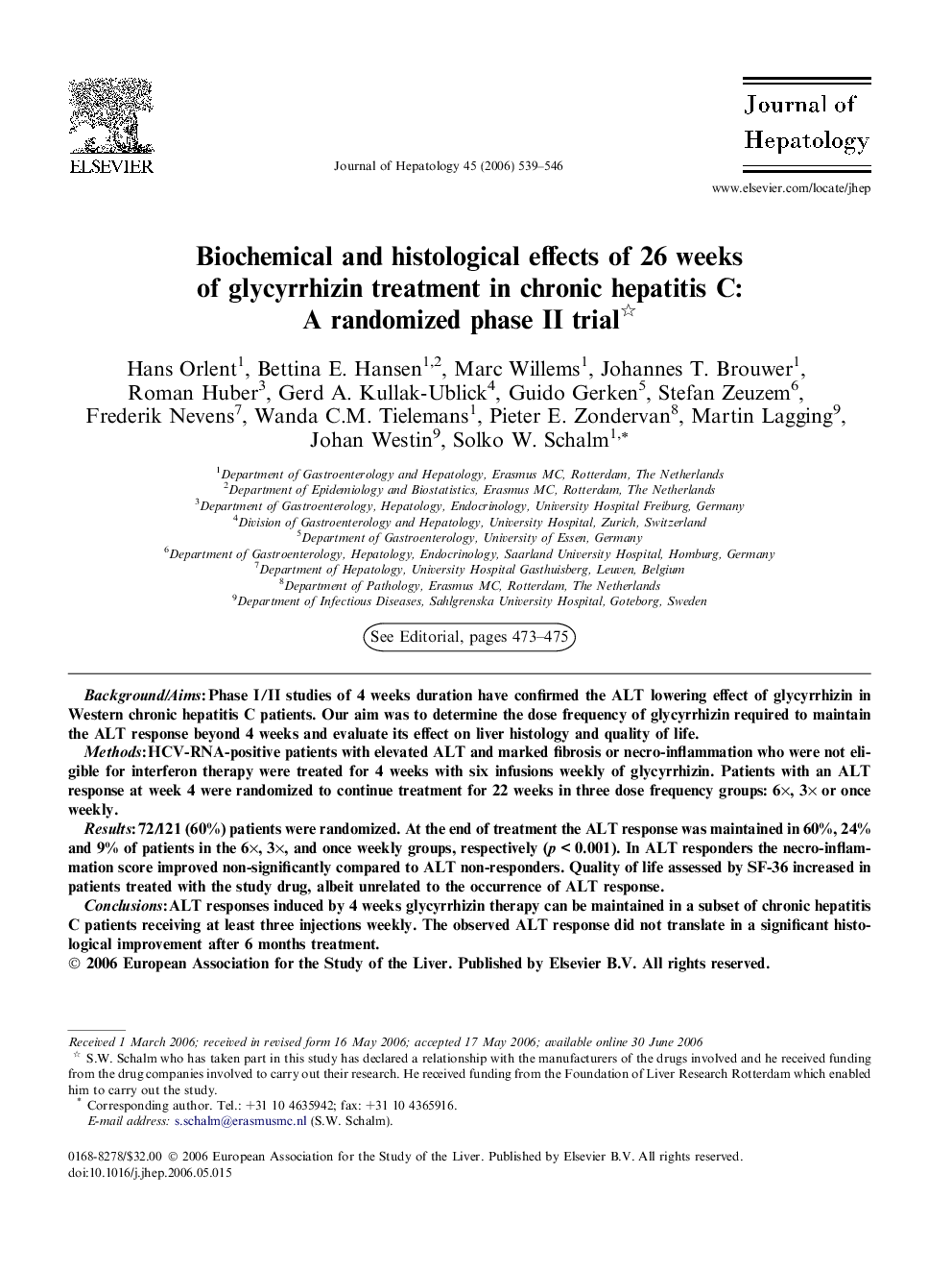 Biochemical and histological effects of 26 weeks of glycyrrhizin treatment in chronic hepatitis C: A randomized phase II trial 