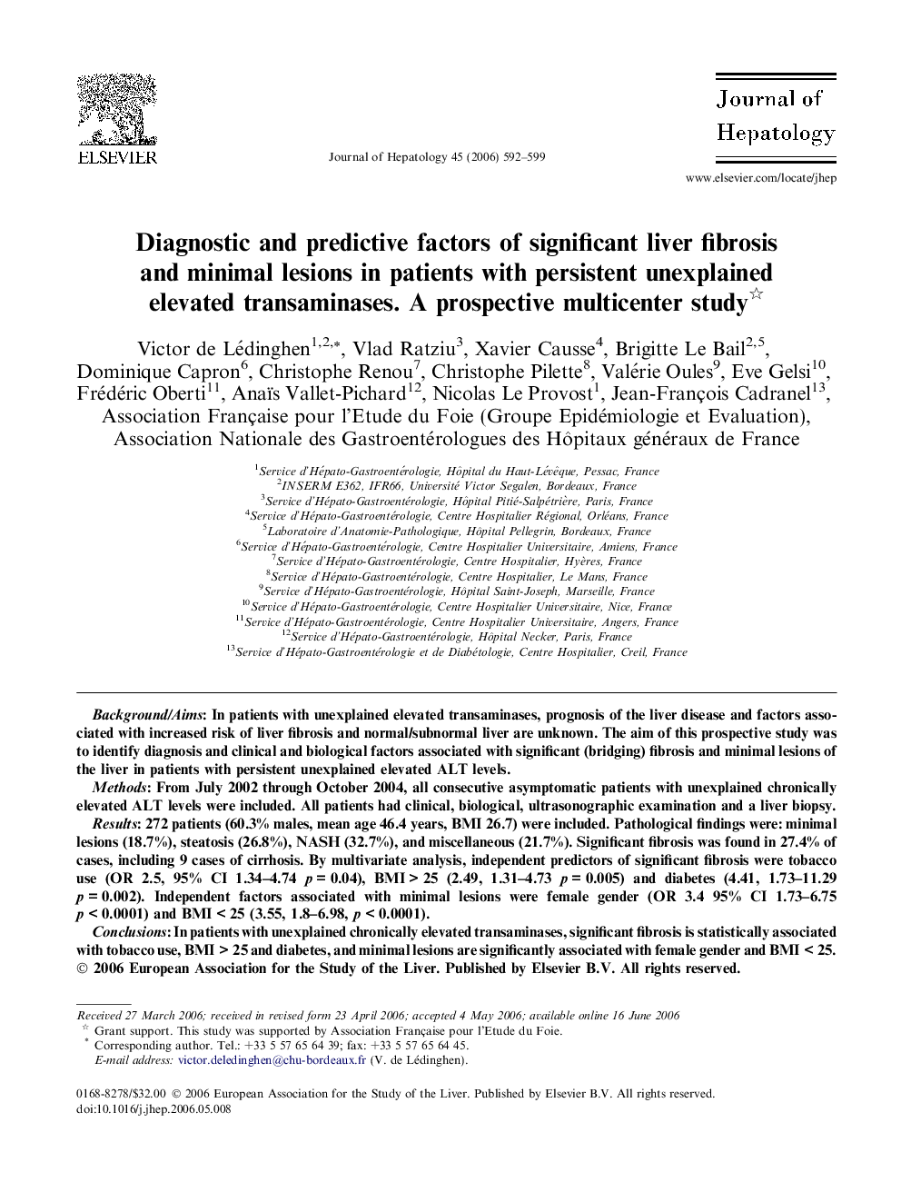 Diagnostic and predictive factors of significant liver fibrosis and minimal lesions in patients with persistent unexplained elevated transaminases. A prospective multicenter study 