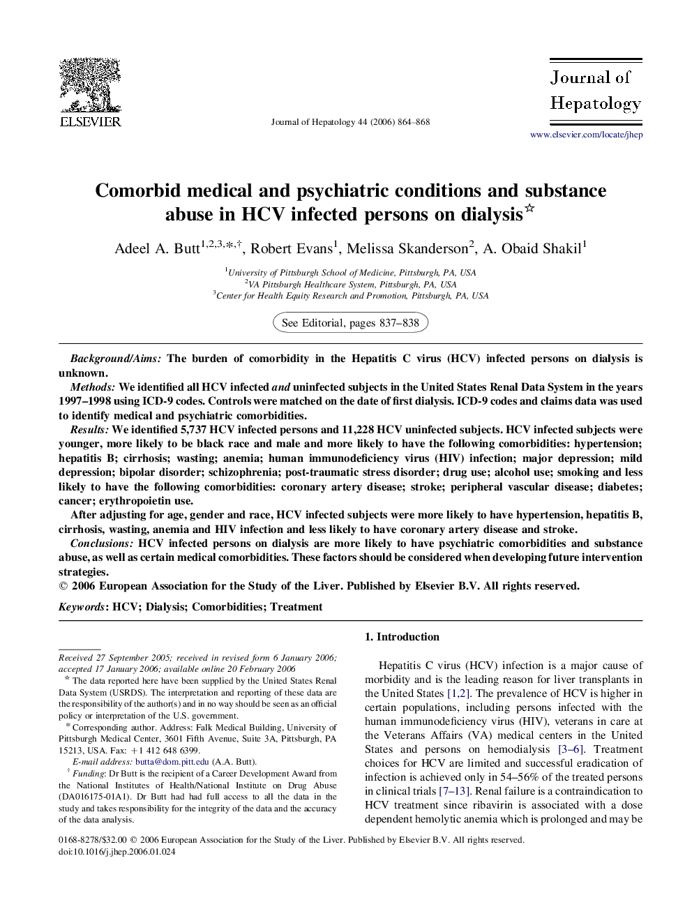 Comorbid medical and psychiatric conditions and substance abuse in HCV infected persons on dialysis