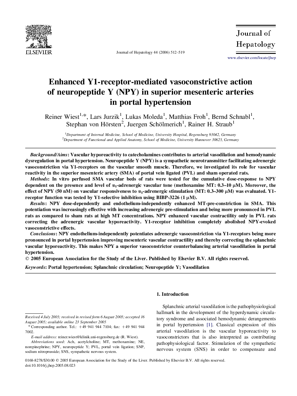 Enhanced Y1-receptor-mediated vasoconstrictive action of neuropeptide Y (NPY) in superior mesenteric arteries in portal hypertension