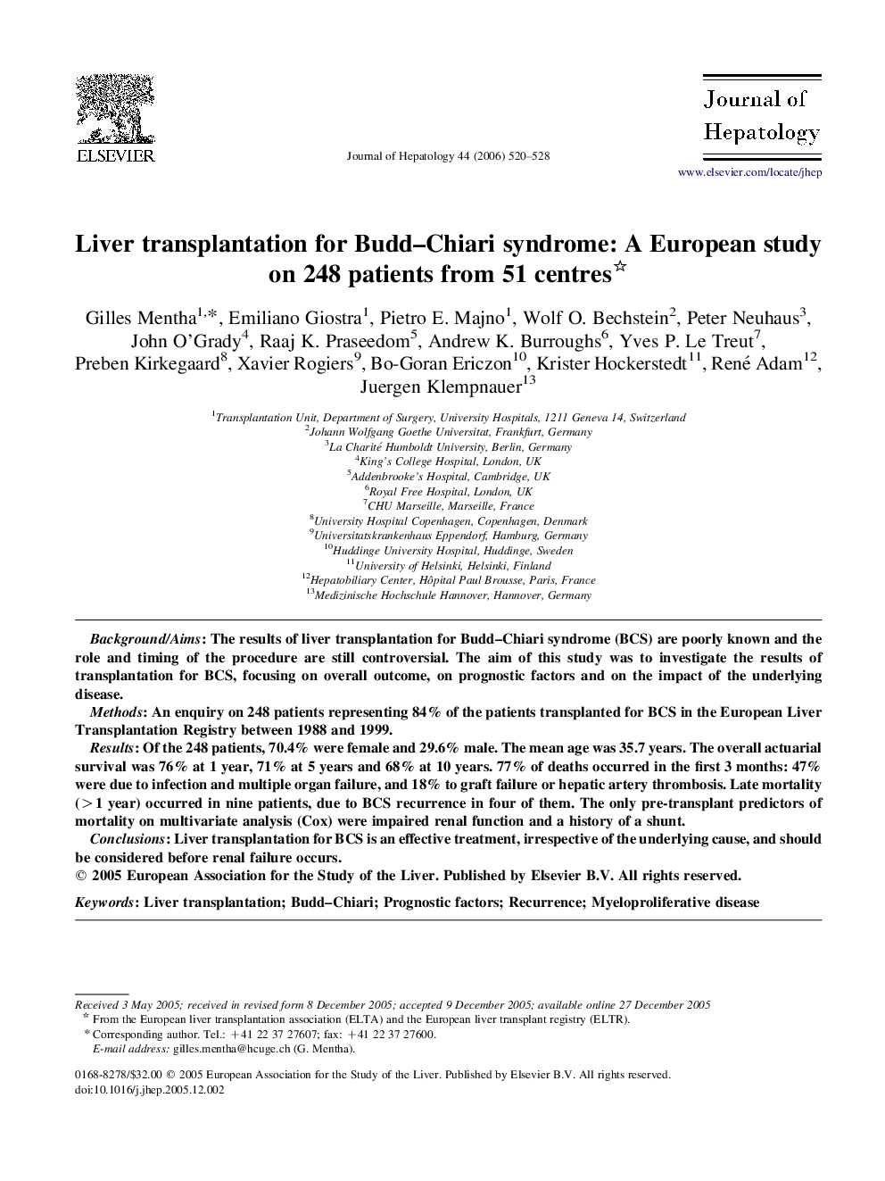 Liver transplantation for Budd–Chiari syndrome: A European study on 248 patients from 51 centres 