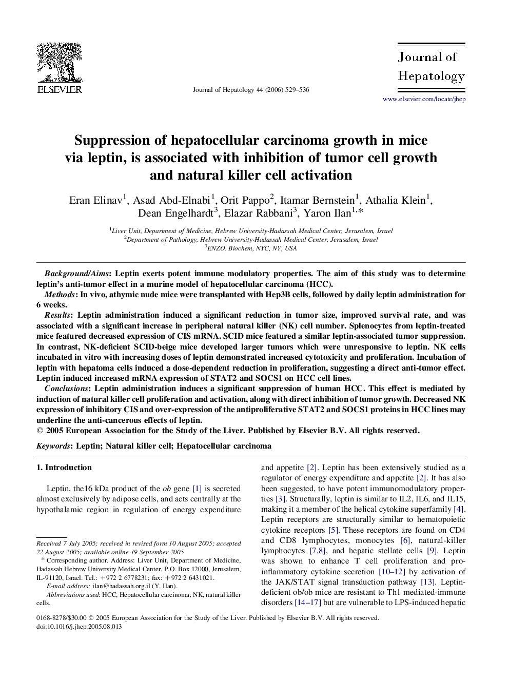 Suppression of hepatocellular carcinoma growth in mice via leptin, is associated with inhibition of tumor cell growth and natural killer cell activation