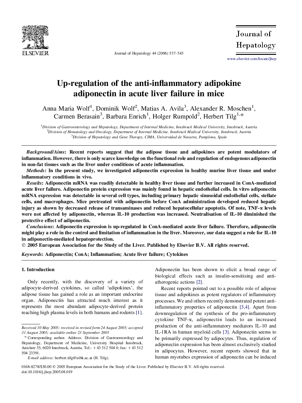 Up-regulation of the anti-inflammatory adipokine adiponectin in acute liver failure in mice