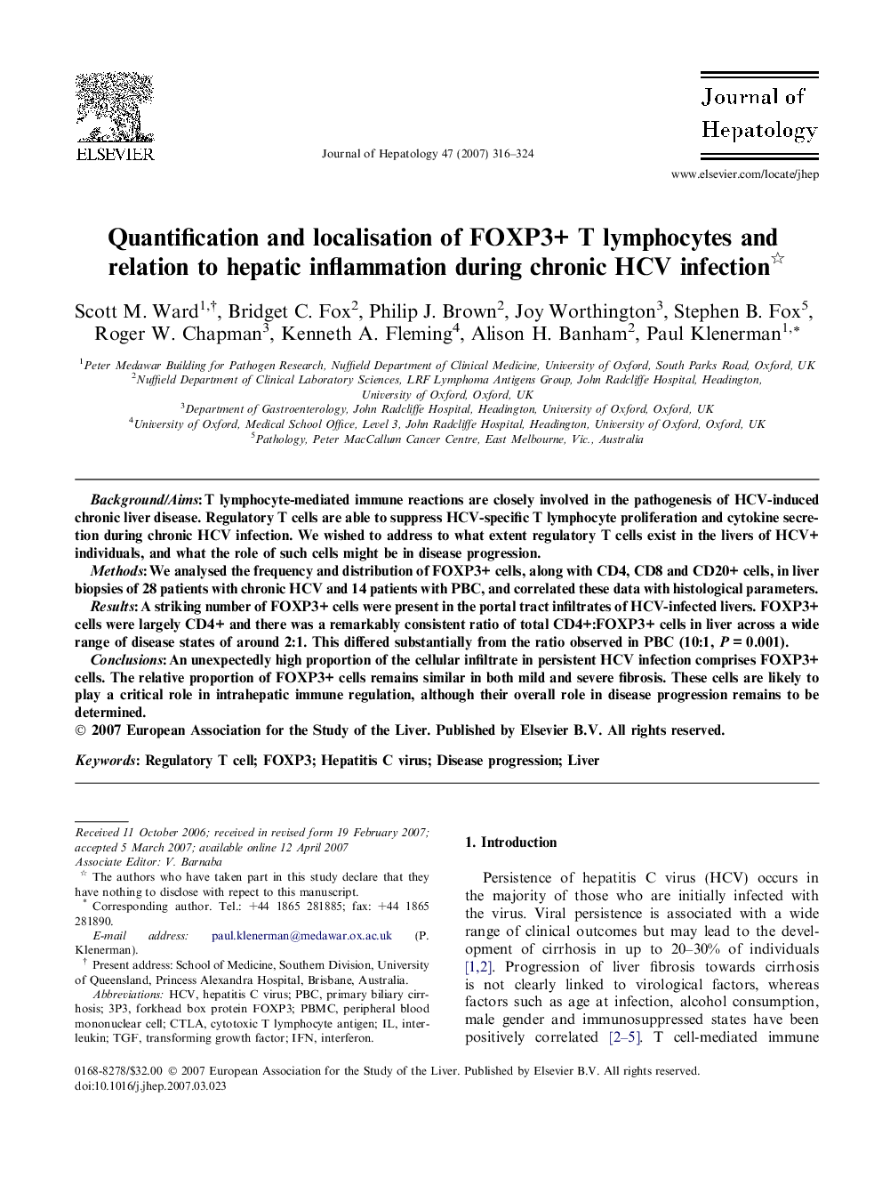 Quantification and localisation of FOXP3+ T lymphocytes and relation to hepatic inflammation during chronic HCV infection 