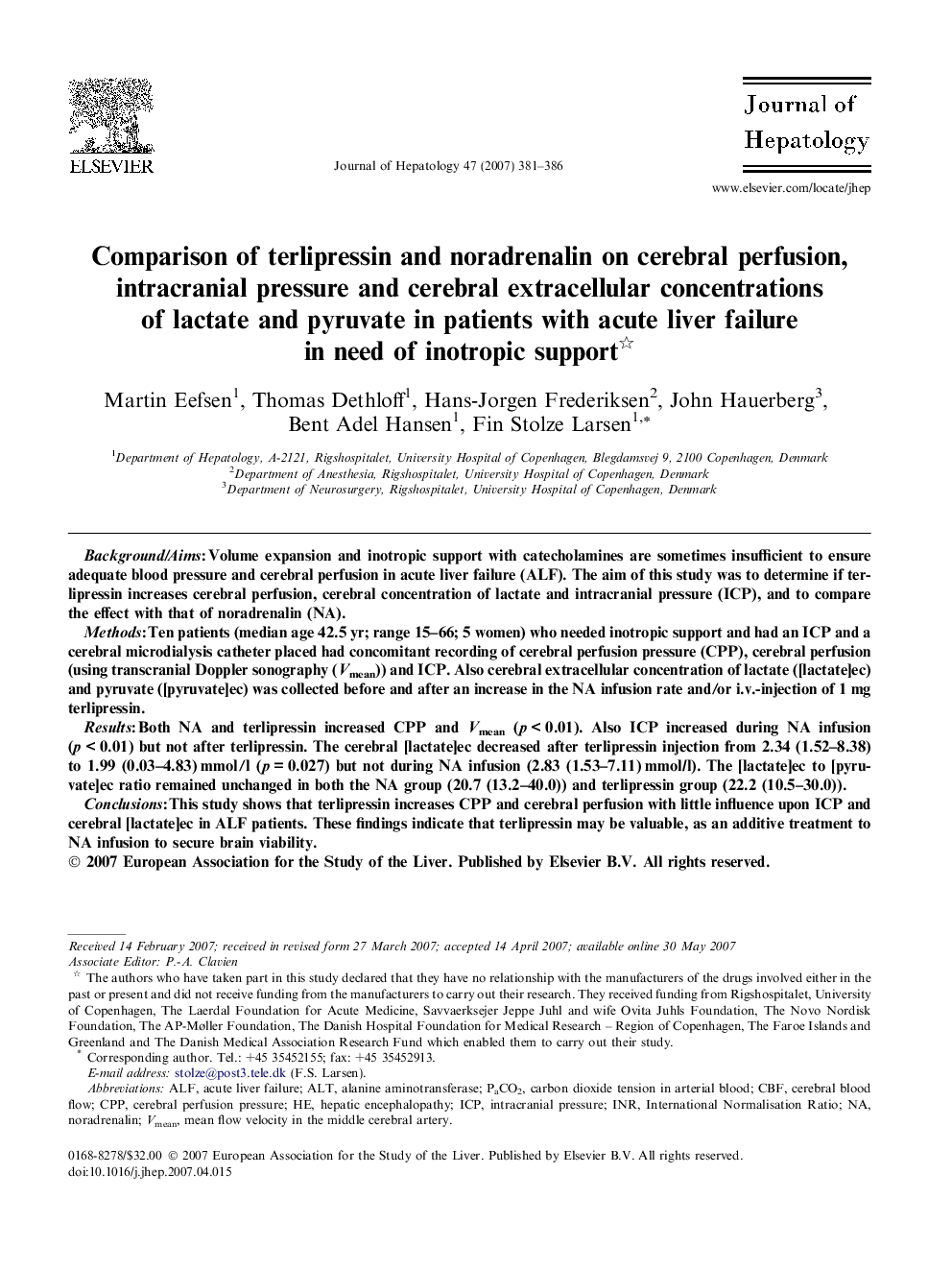 Comparison of terlipressin and noradrenalin on cerebral perfusion, intracranial pressure and cerebral extracellular concentrations of lactate and pyruvate in patients with acute liver failure in need of inotropic support 