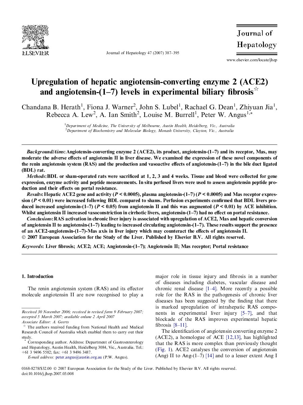 Upregulation of hepatic angiotensin-converting enzyme 2 (ACE2) and angiotensin-(1–7) levels in experimental biliary fibrosis 