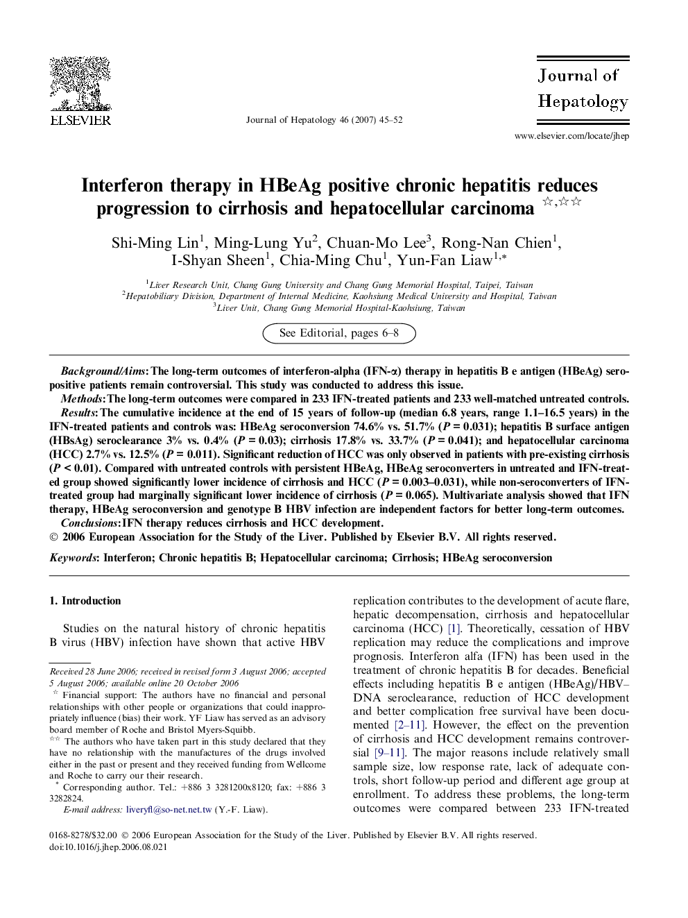 Interferon therapy in HBeAg positive chronic hepatitis reduces progression to cirrhosis and hepatocellular carcinoma 