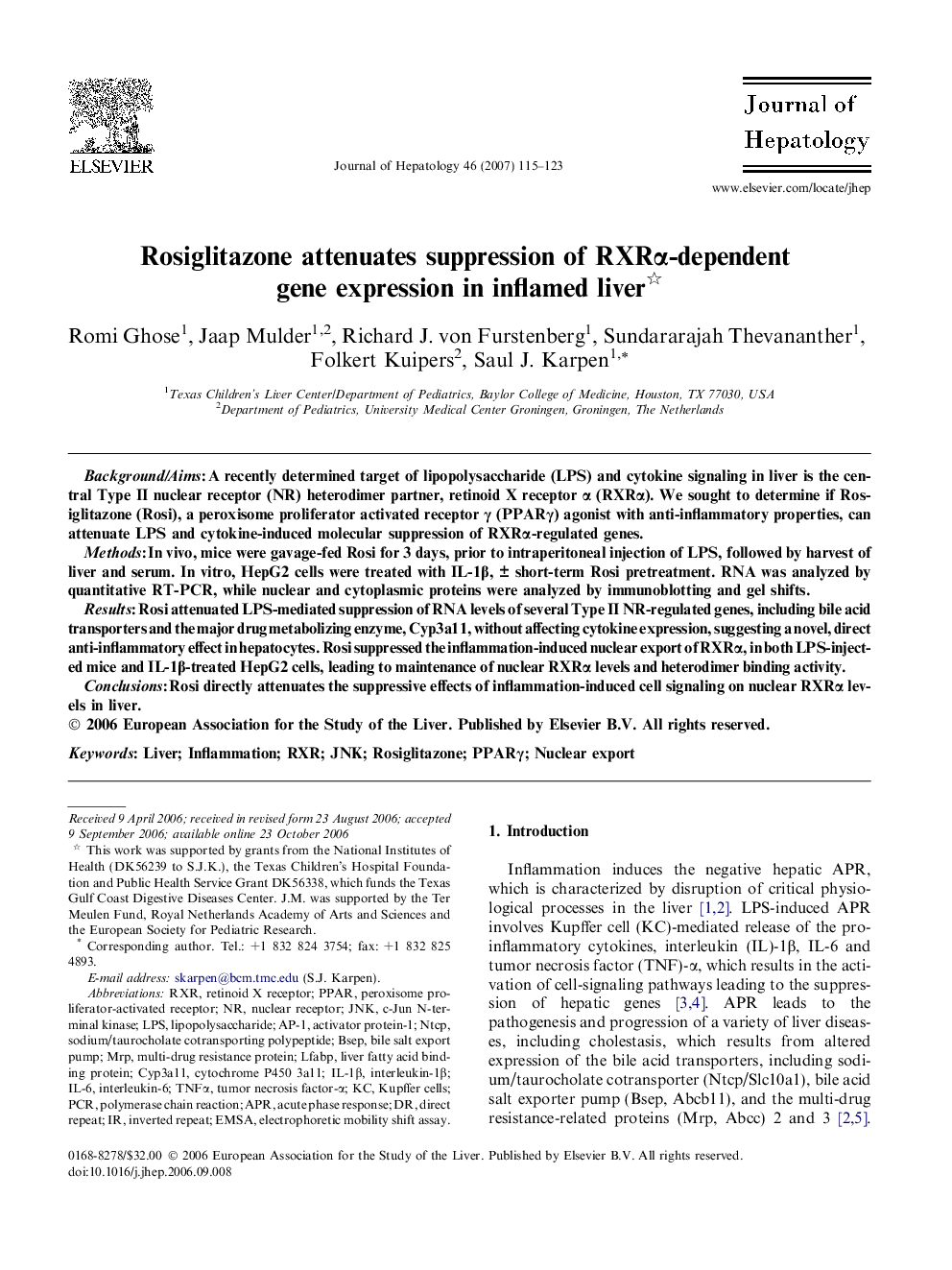 Rosiglitazone attenuates suppression of RXRα-dependent gene expression in inflamed liver 