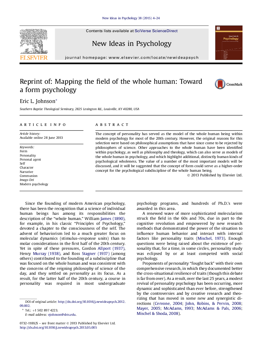 Reprint of: Mapping the field of the whole human: Toward a form psychology