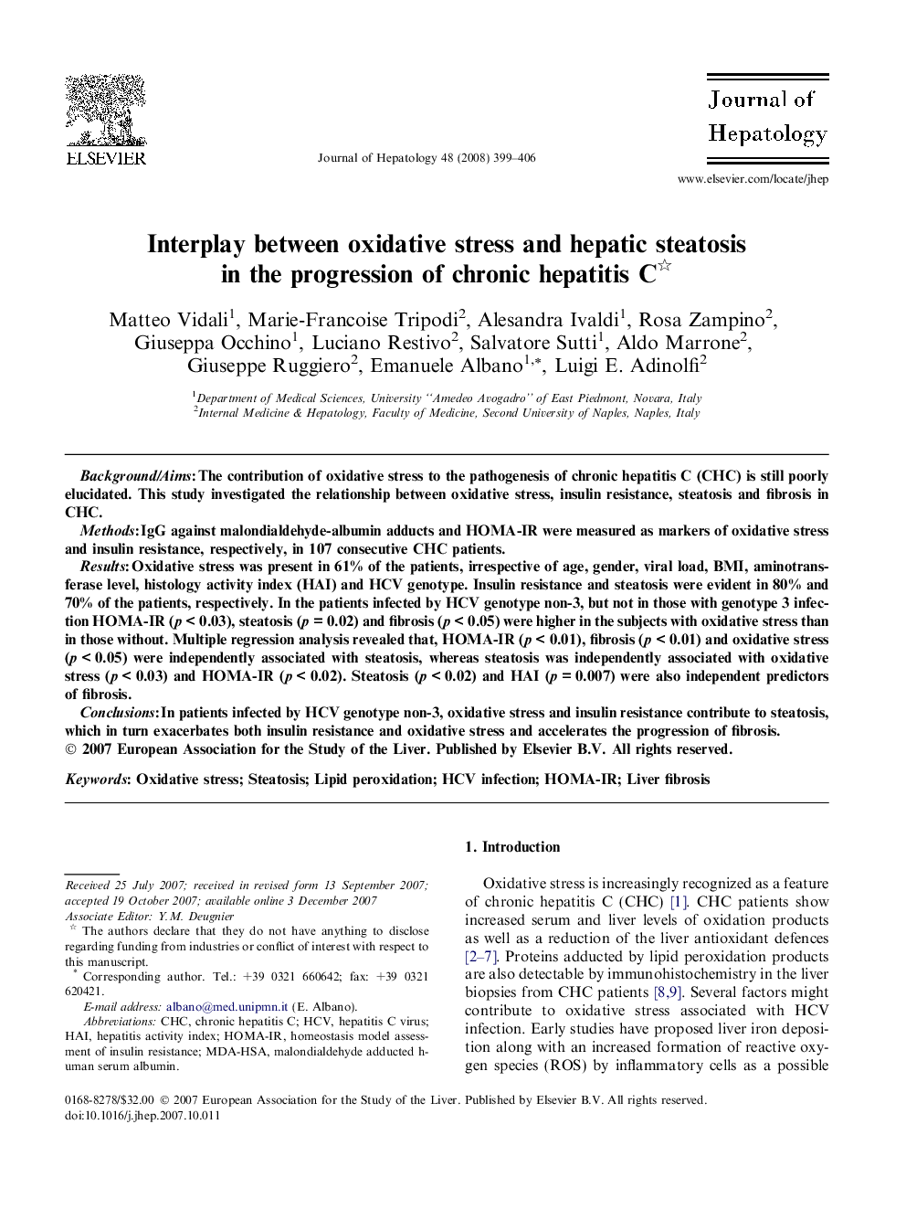 Interplay between oxidative stress and hepatic steatosis in the progression of chronic hepatitis C 