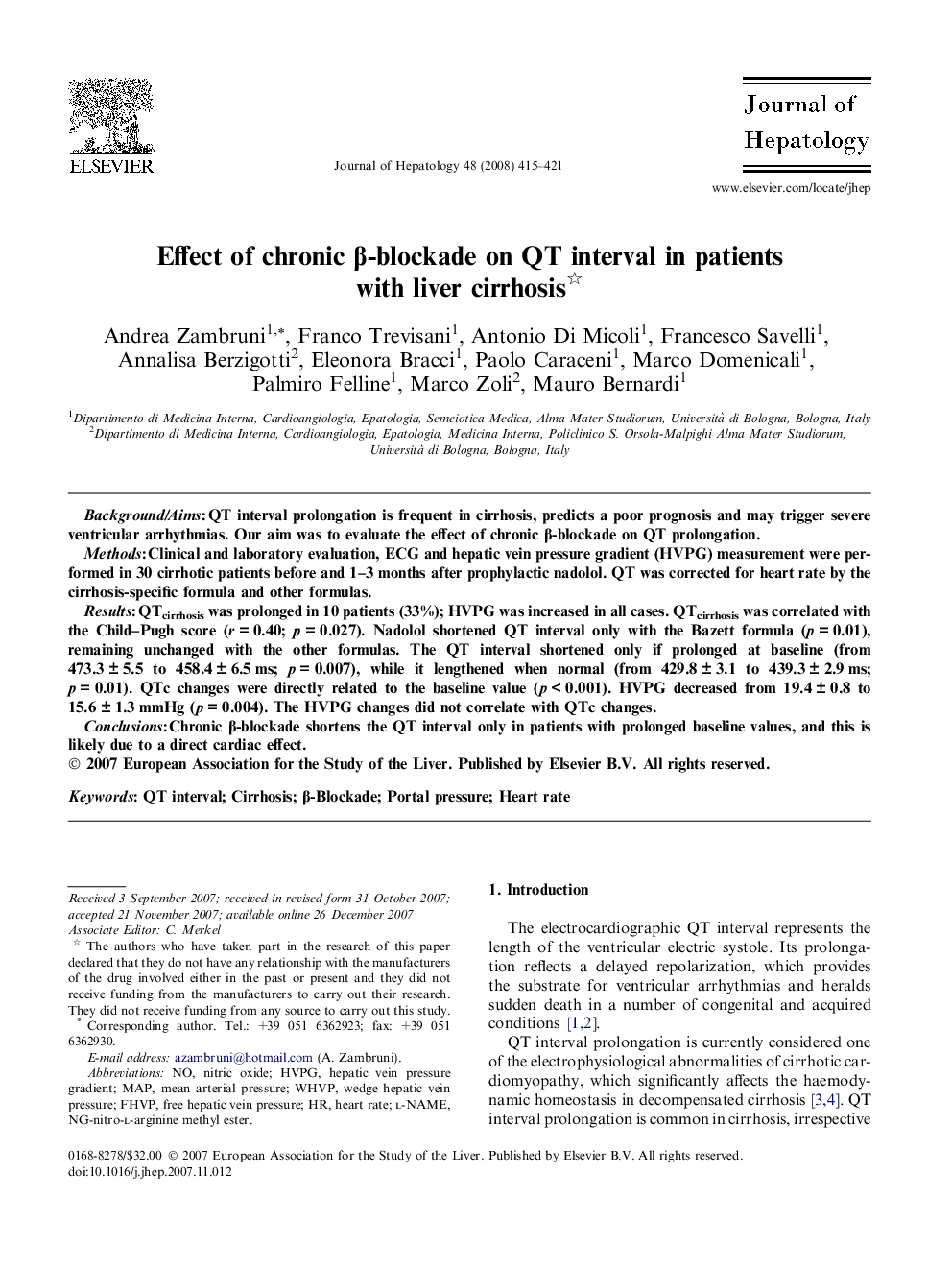 Effect of chronic β-blockade on QT interval in patients with liver cirrhosis 