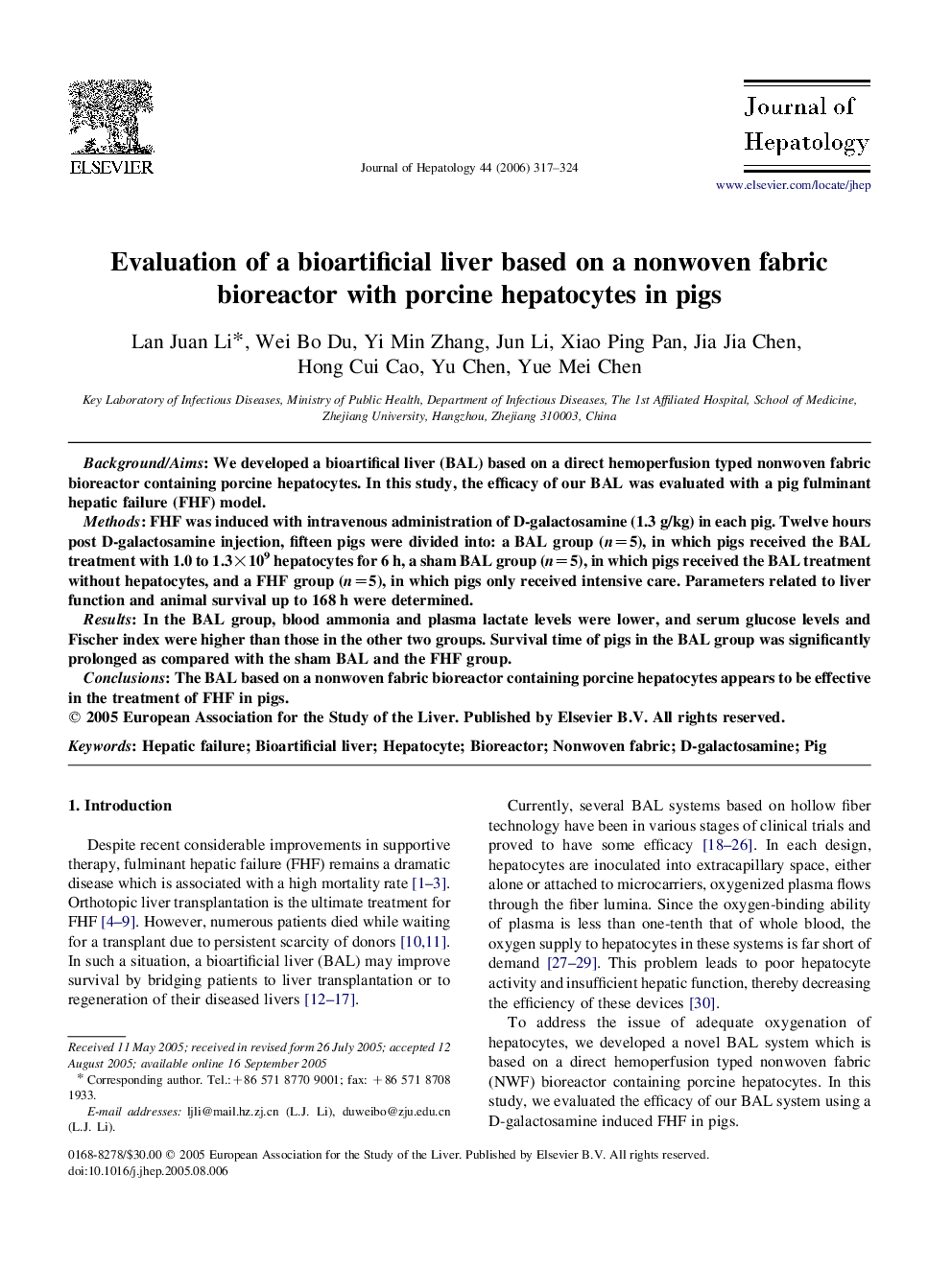 Evaluation of a bioartificial liver based on a nonwoven fabric bioreactor with porcine hepatocytes in pigs