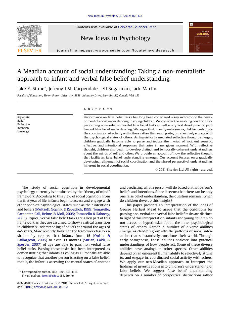 A Meadian account of social understanding: Taking a non-mentalistic approach to infant and verbal false belief understanding