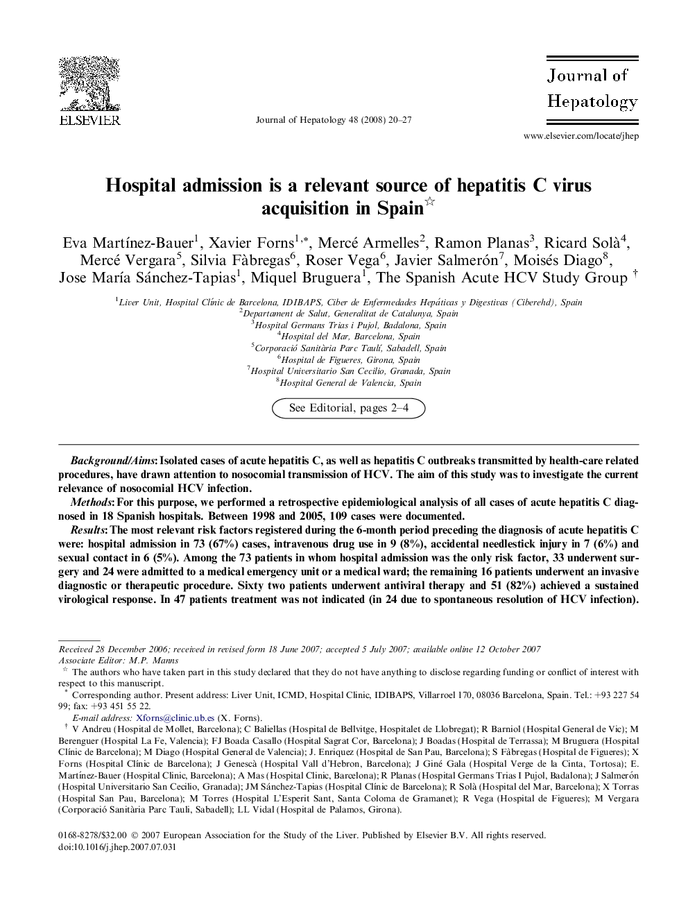 Hospital admission is a relevant source of hepatitis C virus acquisition in Spain 