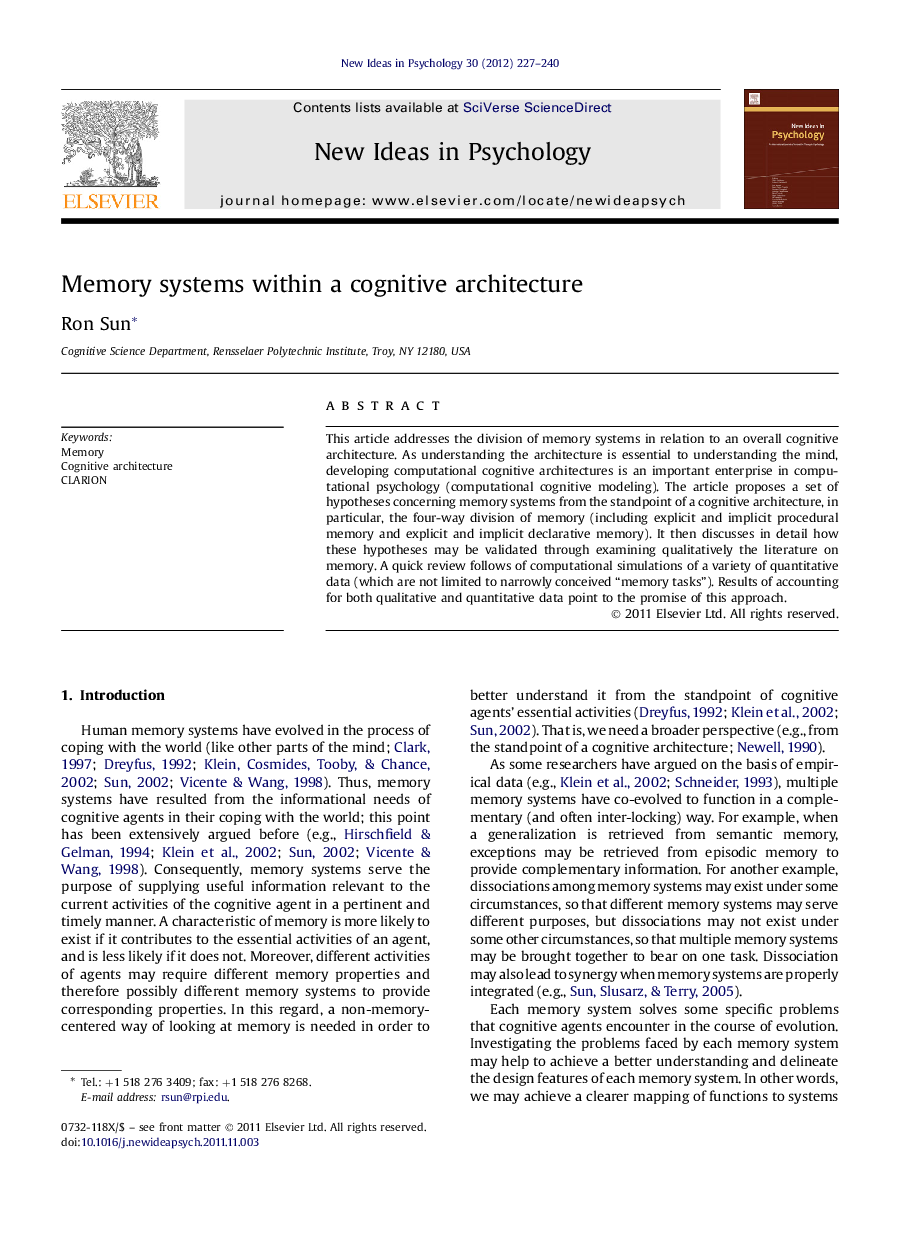 Memory systems within a cognitive architecture