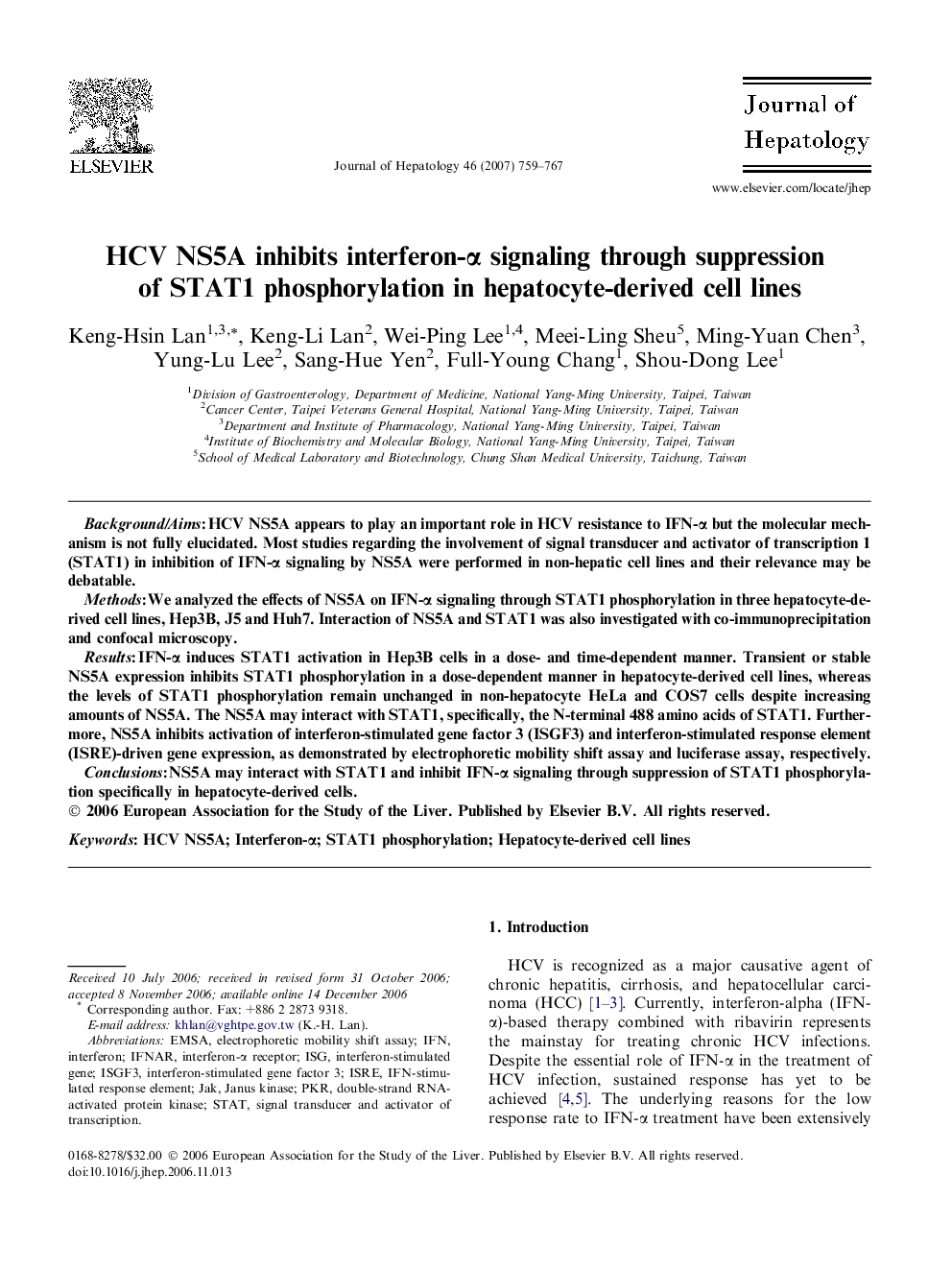 HCV NS5A inhibits interferon-α signaling through suppression of STAT1 phosphorylation in hepatocyte-derived cell lines