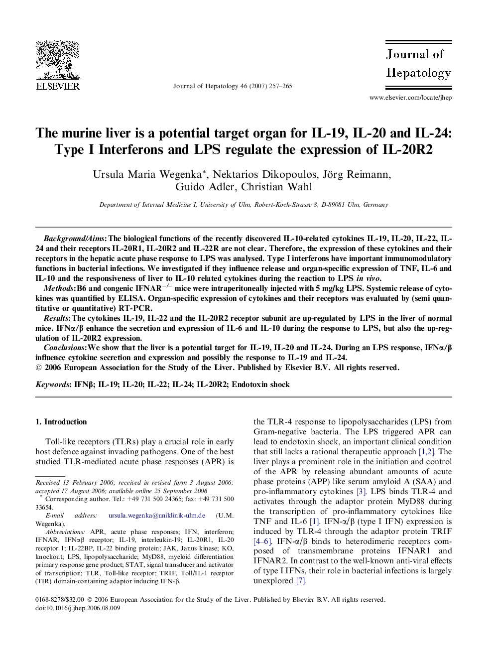 The murine liver is a potential target organ for IL-19, IL-20 and IL-24: Type I Interferons and LPS regulate the expression of IL-20R2