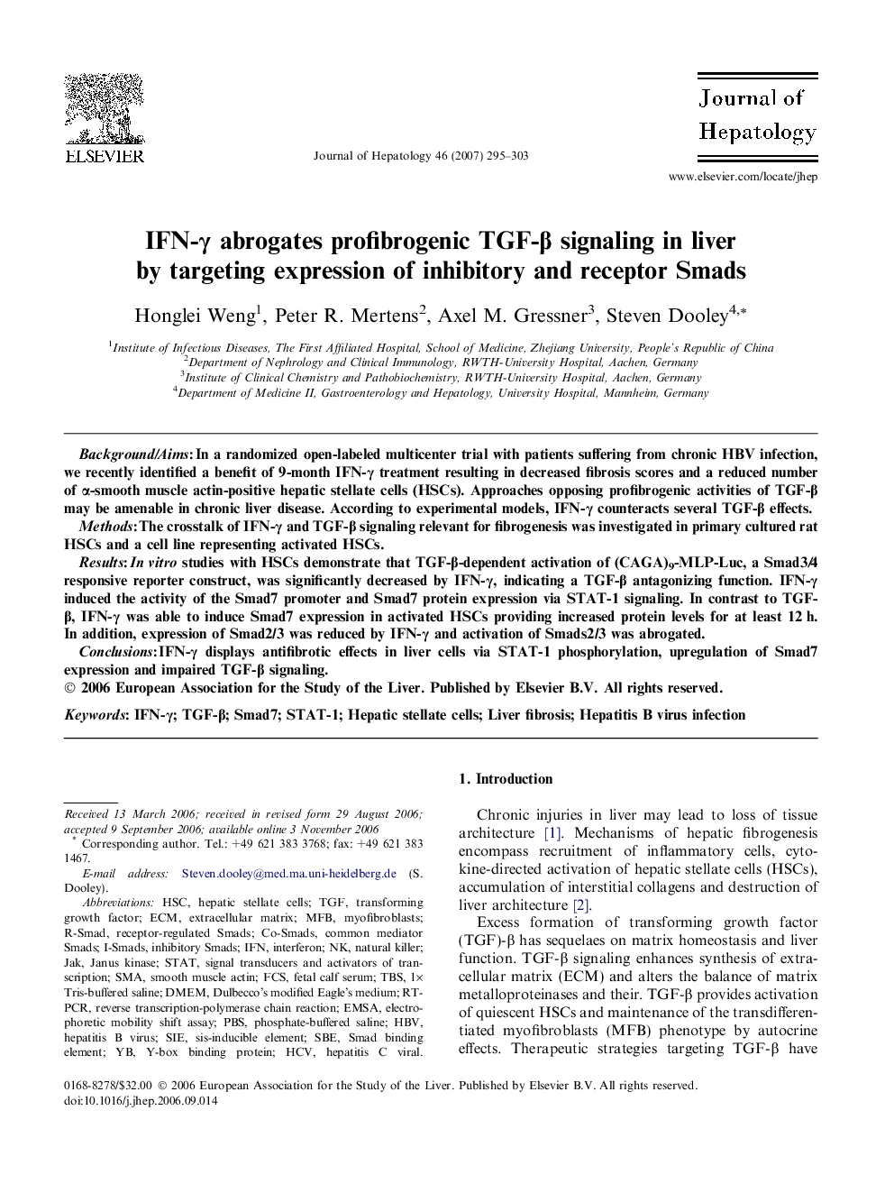 IFN-γ abrogates profibrogenic TGF-β signaling in liver by targeting expression of inhibitory and receptor Smads