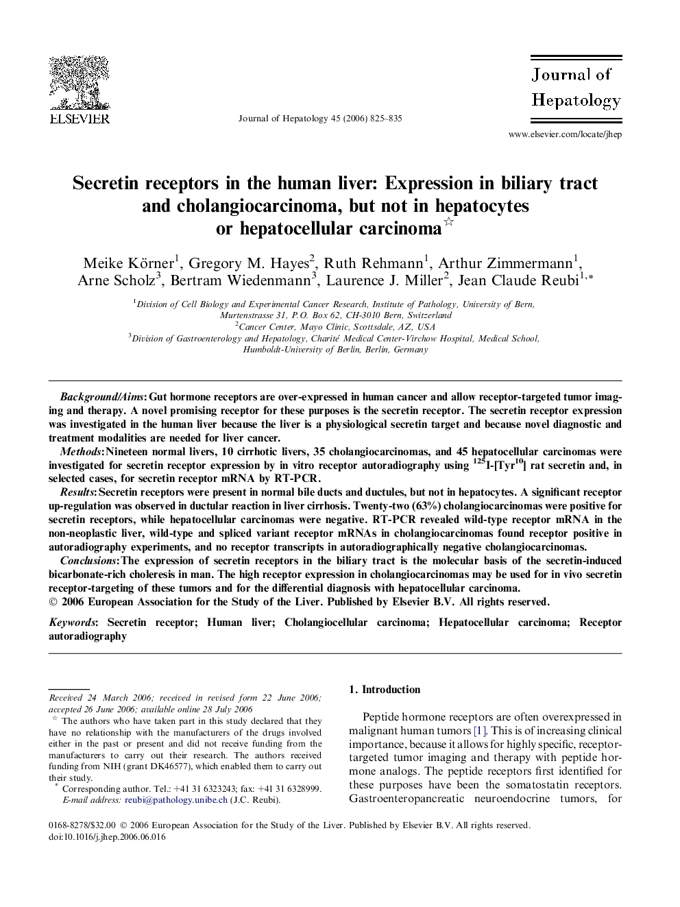 Secretin receptors in the human liver: Expression in biliary tract and cholangiocarcinoma, but not in hepatocytes or hepatocellular carcinoma 