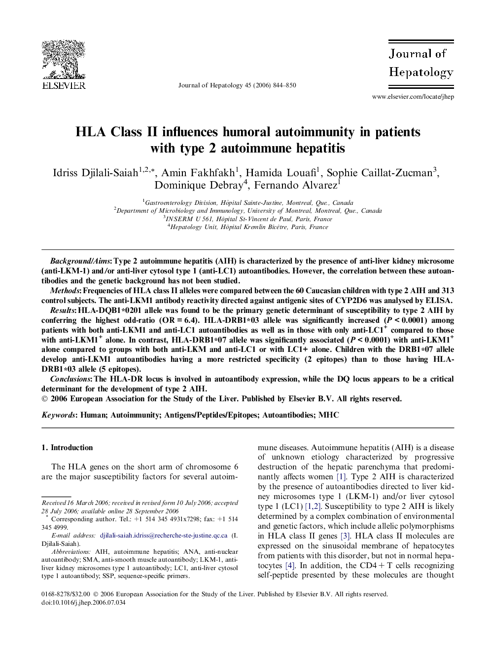 HLA Class II influences humoral autoimmunity in patients with type 2 autoimmune hepatitis