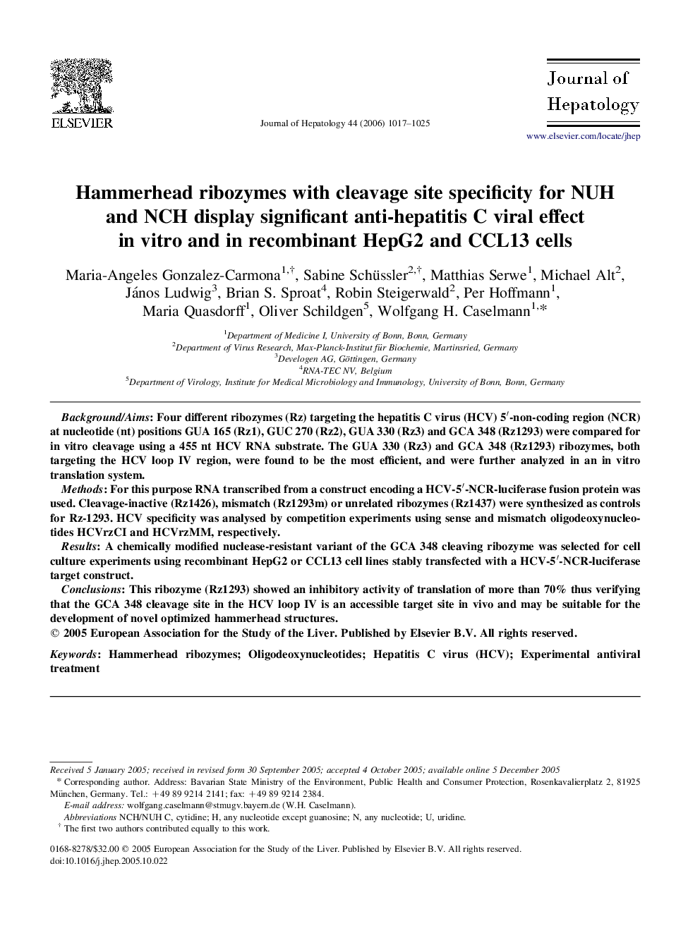 Hammerhead ribozymes with cleavage site specificity for NUH and NCH display significant anti-hepatitis C viral effect in vitro and in recombinant HepG2 and CCL13 cells