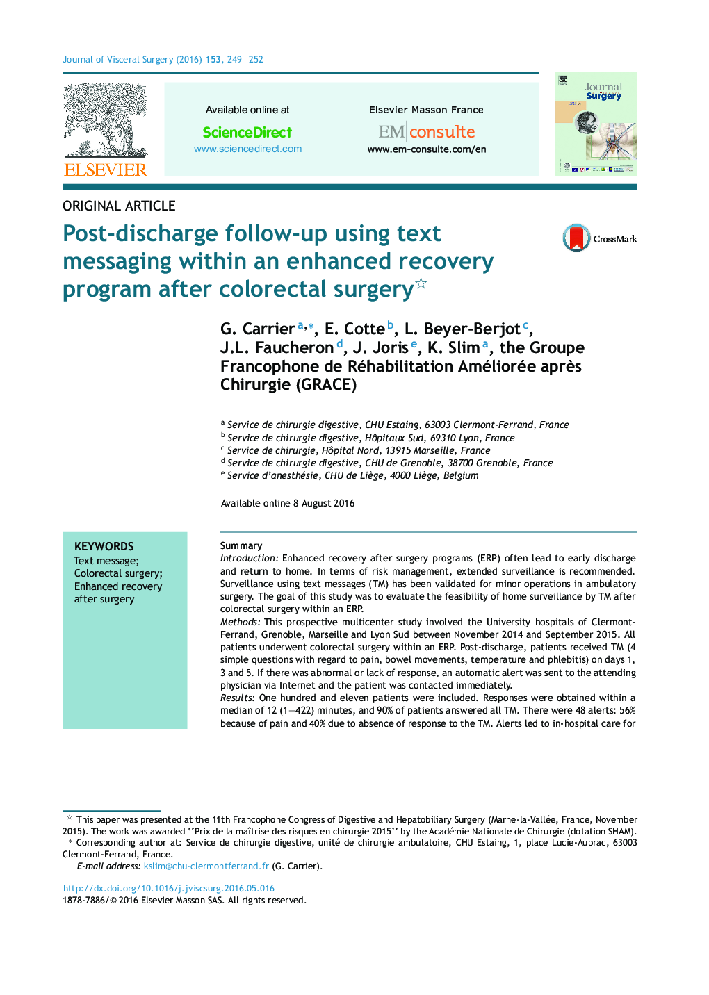 Post-discharge follow-up using text messaging within an enhanced recovery program after colorectal surgery 