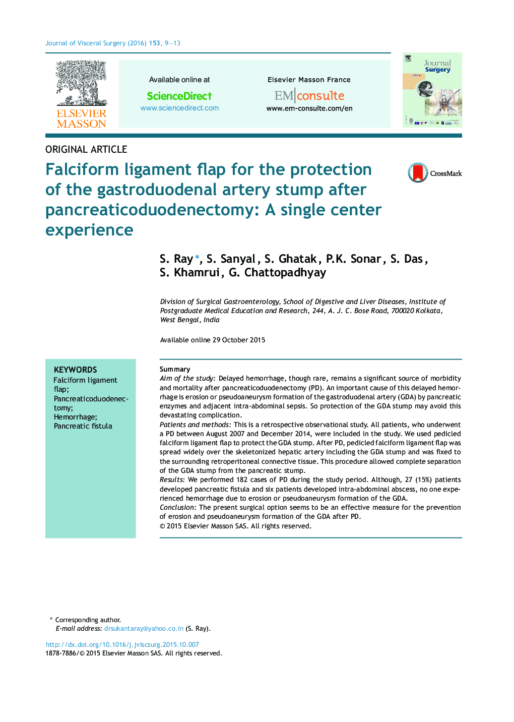 Falciform ligament flap for the protection of the gastroduodenal artery stump after pancreaticoduodenectomy: A single center experience