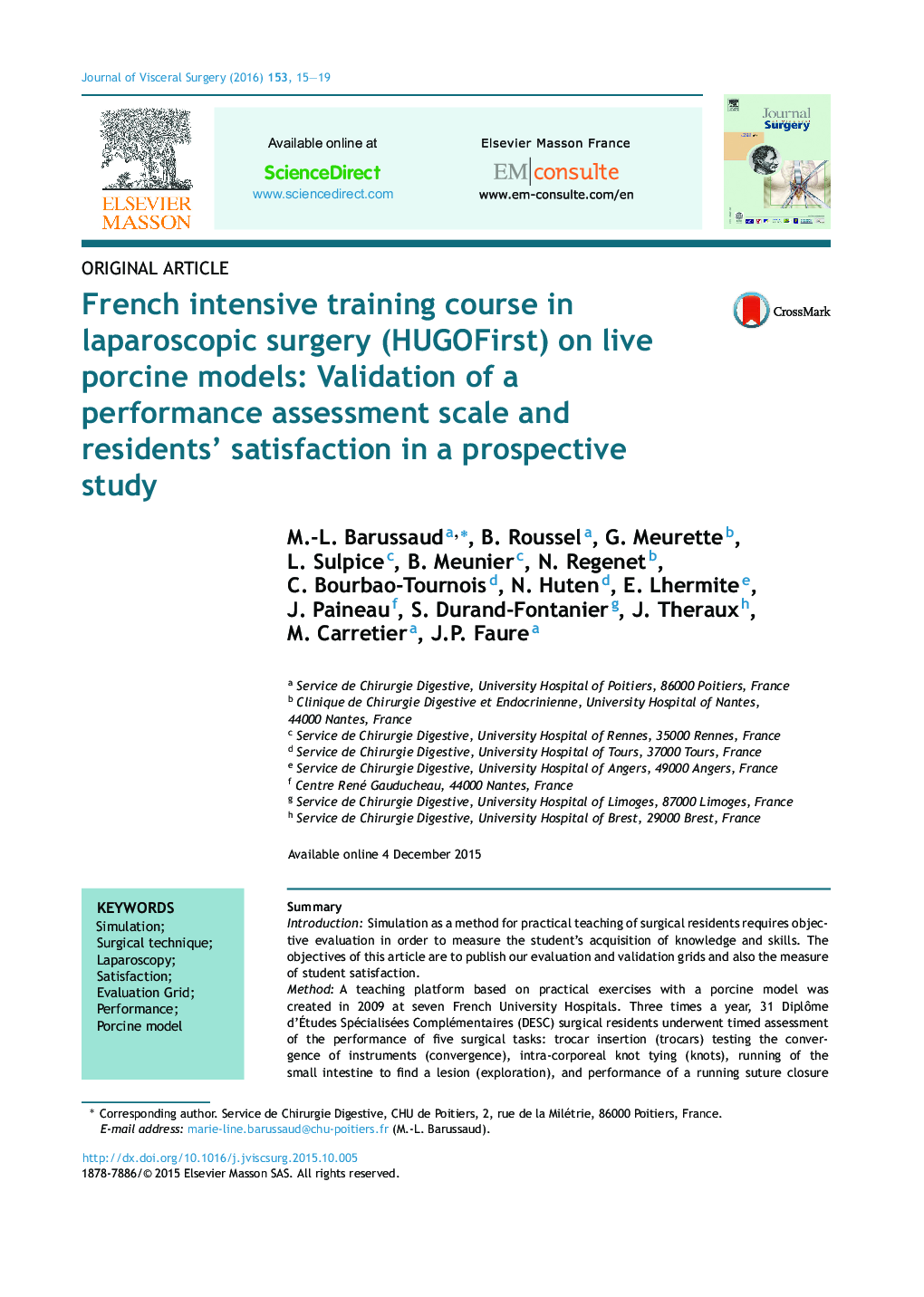 French intensive training course in laparoscopic surgery (HUGOFirst) on live porcine models: Validation of a performance assessment scale and residents’ satisfaction in a prospective study