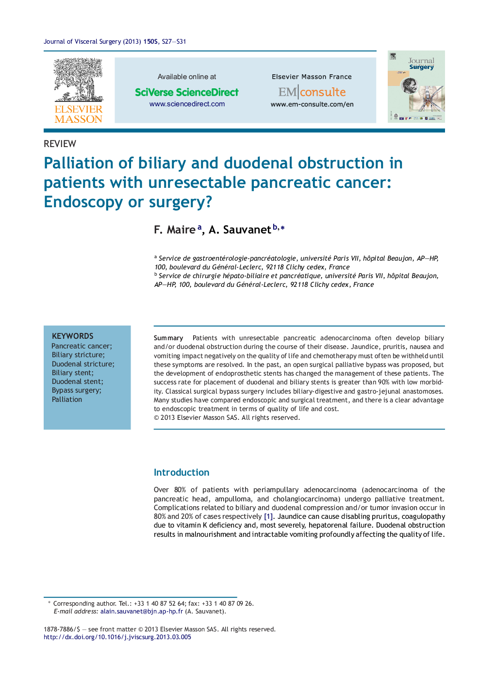 Palliation of biliary and duodenal obstruction in patients with unresectable pancreatic cancer: Endoscopy or surgery?