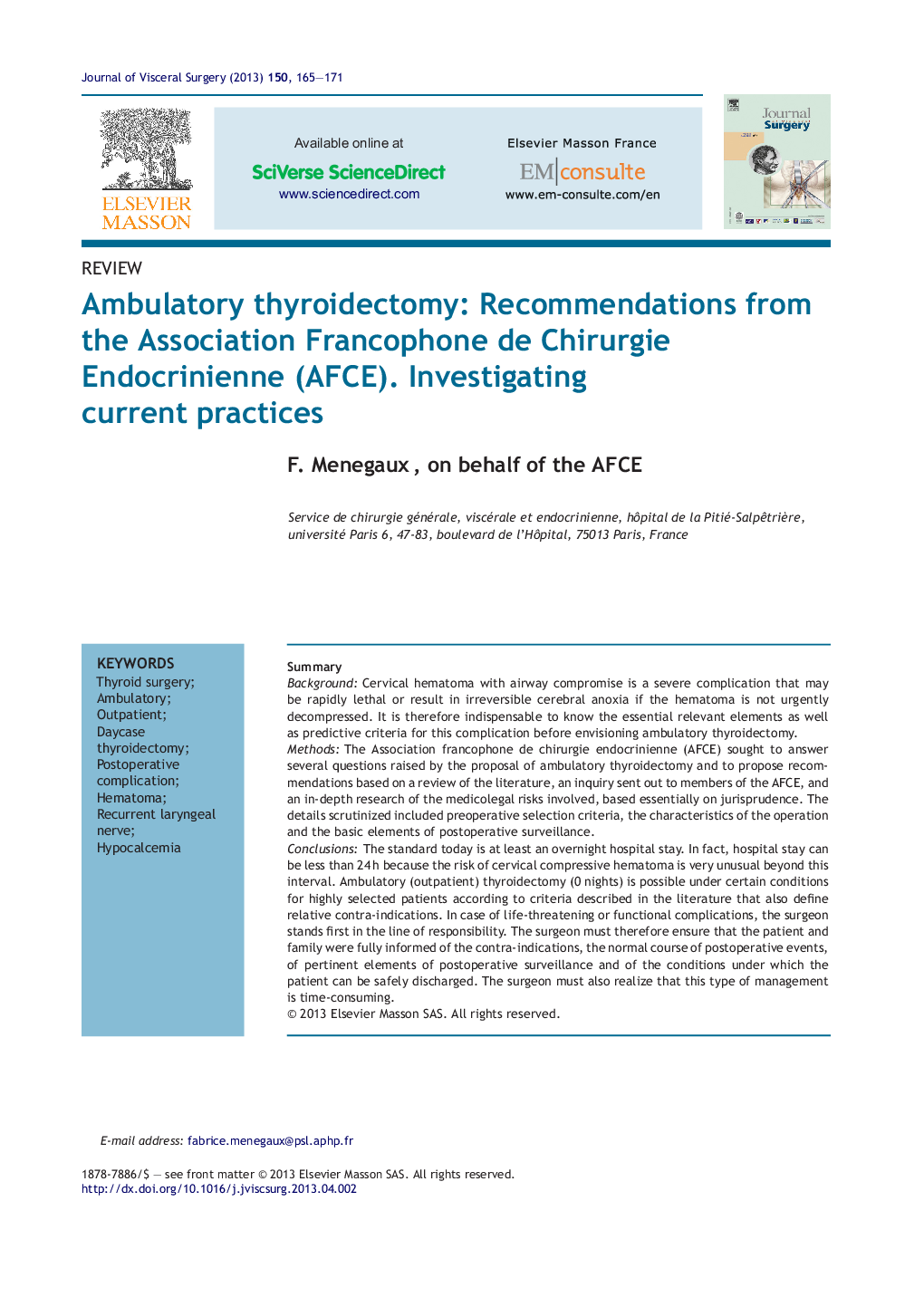 Ambulatory thyroidectomy: Recommendations from the Association Francophone de Chirurgie Endocrinienne (AFCE). Investigating current practices
