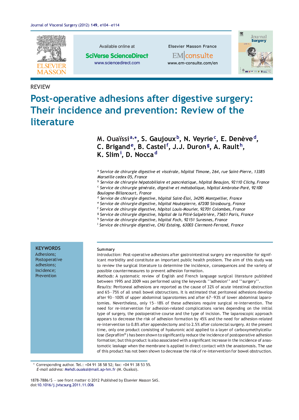 Post-operative adhesions after digestive surgery: Their incidence and prevention: Review of the literature