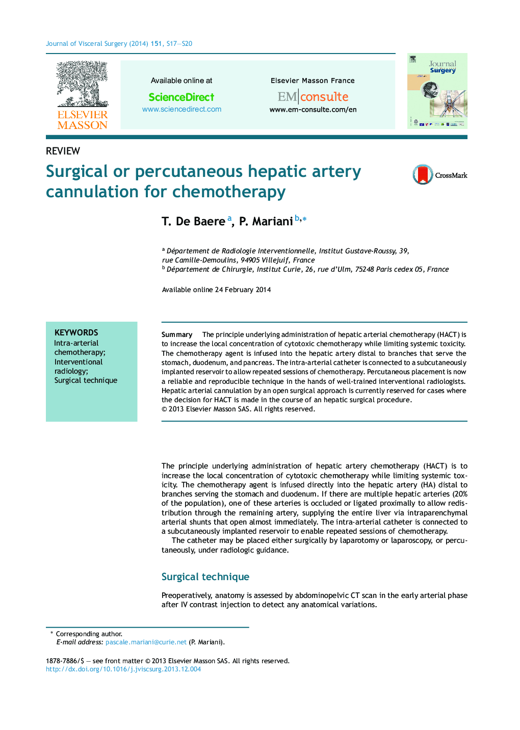 Surgical or percutaneous hepatic artery cannulation for chemotherapy