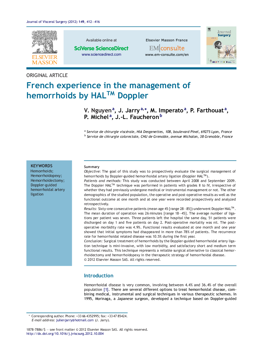 French experience in the management of hemorrhoids by HALâ¢ Doppler