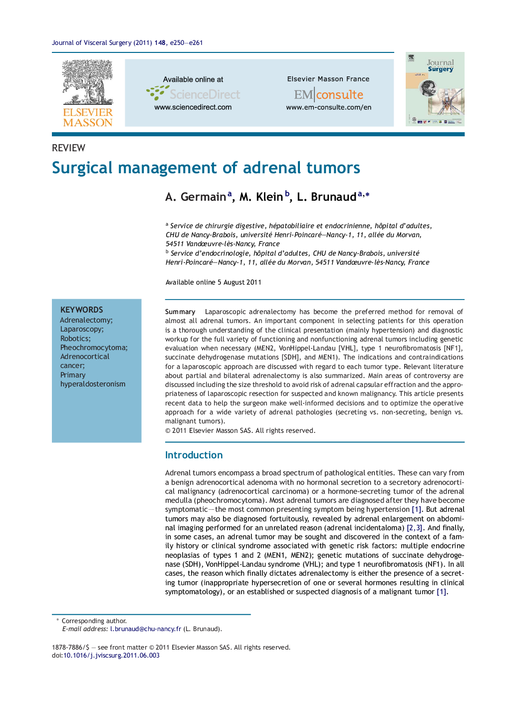 Surgical management of adrenal tumors