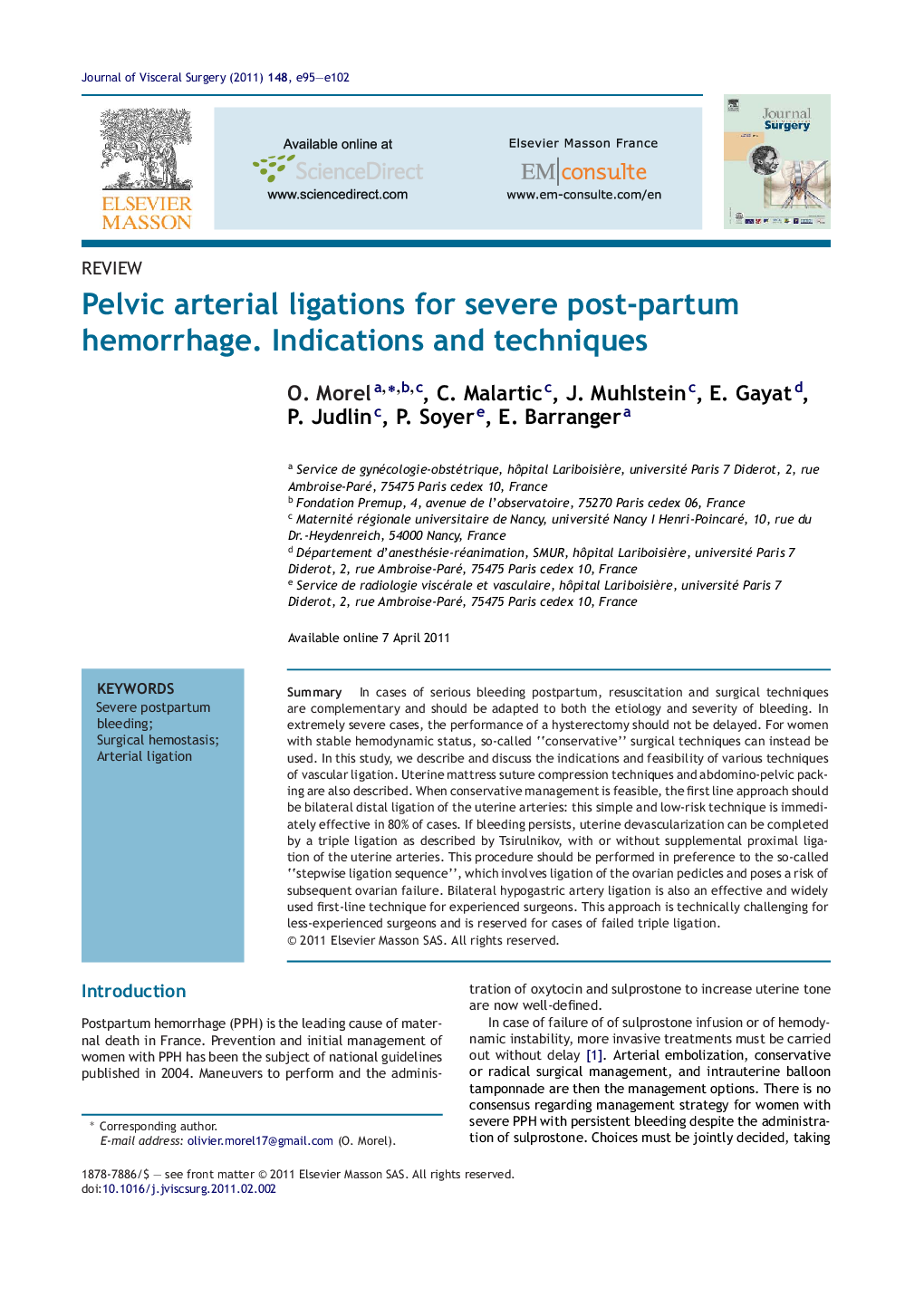 Pelvic arterial ligations for severe post-partum hemorrhage. Indications and techniques