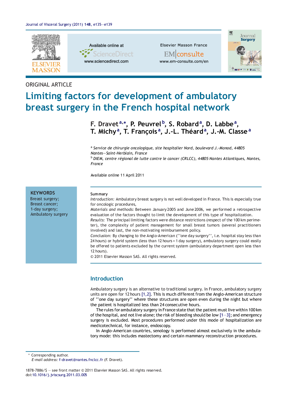 Limiting factors for development of ambulatory breast surgery in the French hospital network