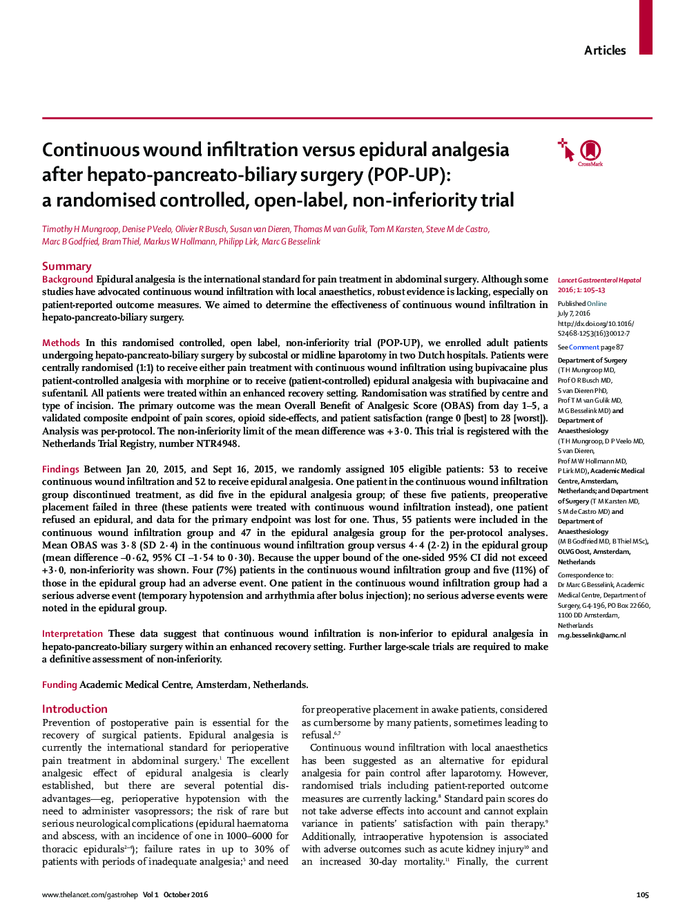 Continuous wound infiltration versus epidural analgesia after hepato-pancreato-biliary surgery (POP-UP): a randomised controlled, open-label, non-inferiority trial