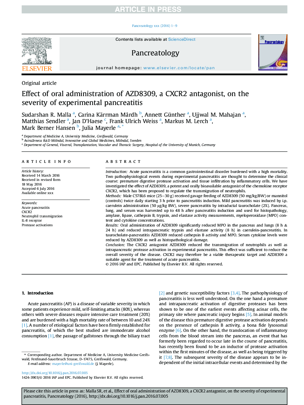 Effect of oral administration of AZD8309, a CXCR2 antagonist, on the severity of experimental pancreatitis